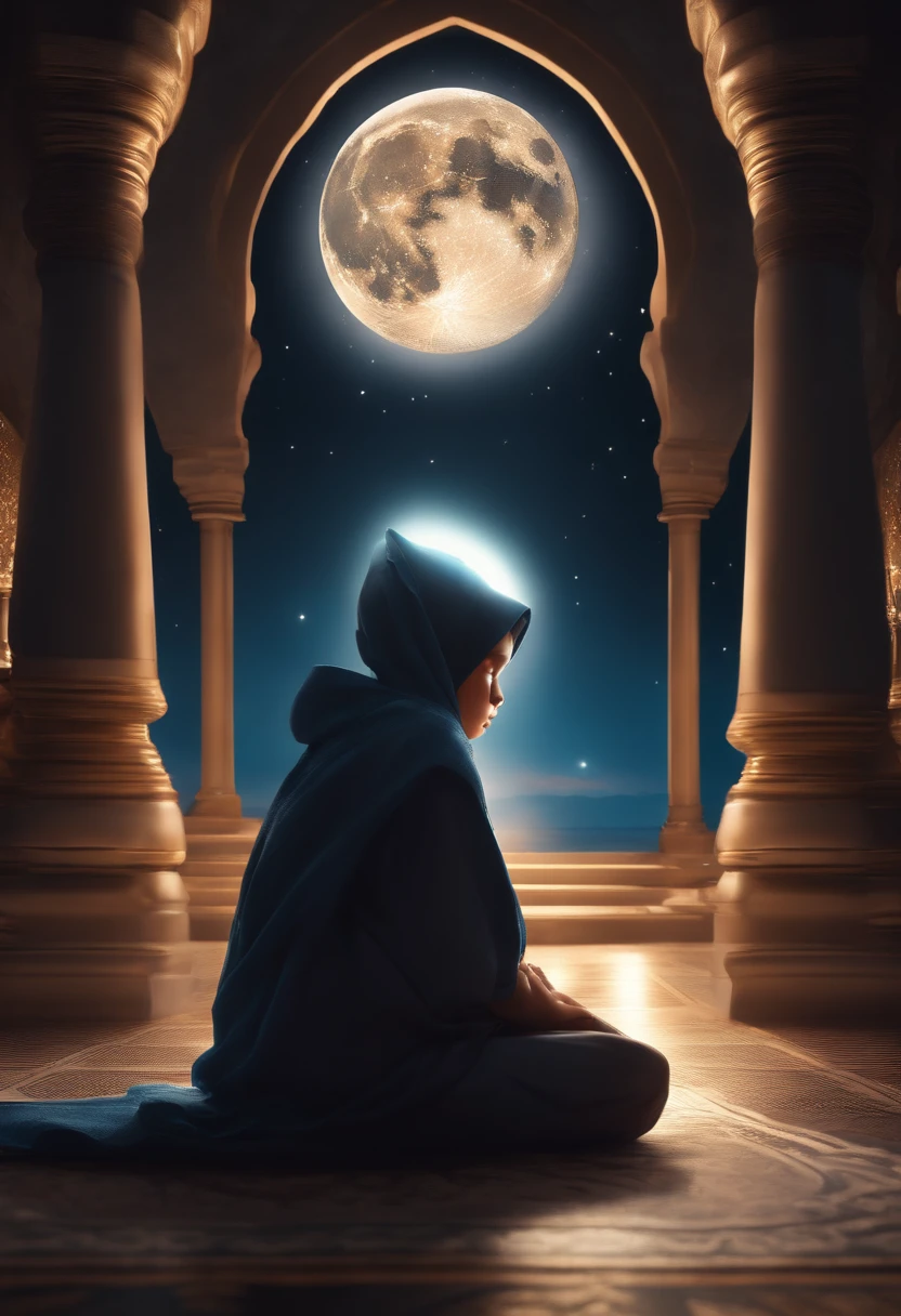 ultra realastic anime qauality,ultra realastic details,8k,dark night,moon shine,islam,perform namaz, small boy,large background
