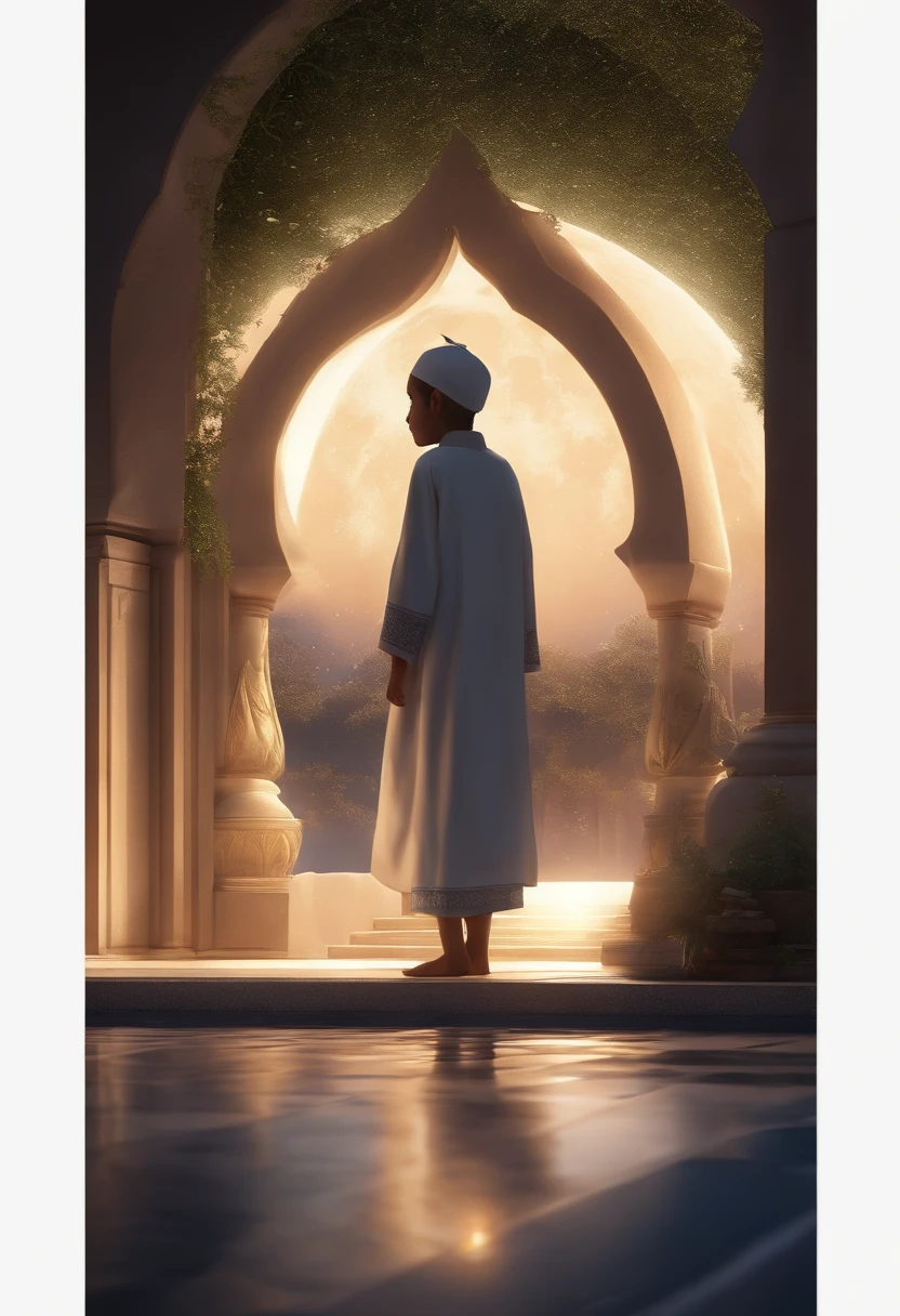 ultra realastic anime qauality,ultra realastic details,8k,dark night,moon shine,islam,perform namaz, small boy,large background