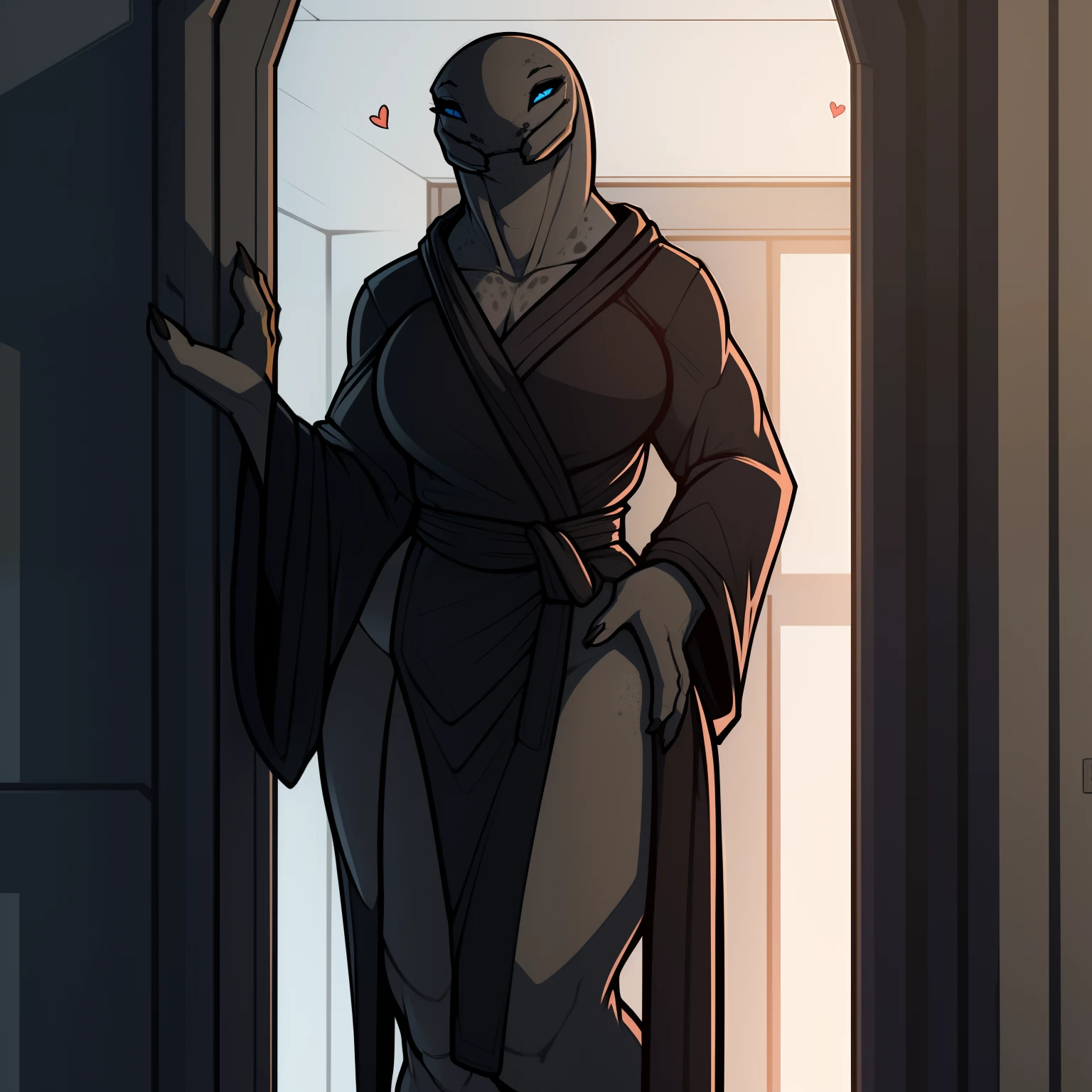 Tall_Muscular_mature_sangheili female dark_gray_scaled_body blue_eyes robes loving_gaze hearts leaning_on_doorframe solo Masterpiece best_quality absurdres highly_detailed cleanly_drawn_eyes anthro_only by_claweddrip, by_greasymojo, by_underscore-b, by_runawaystride