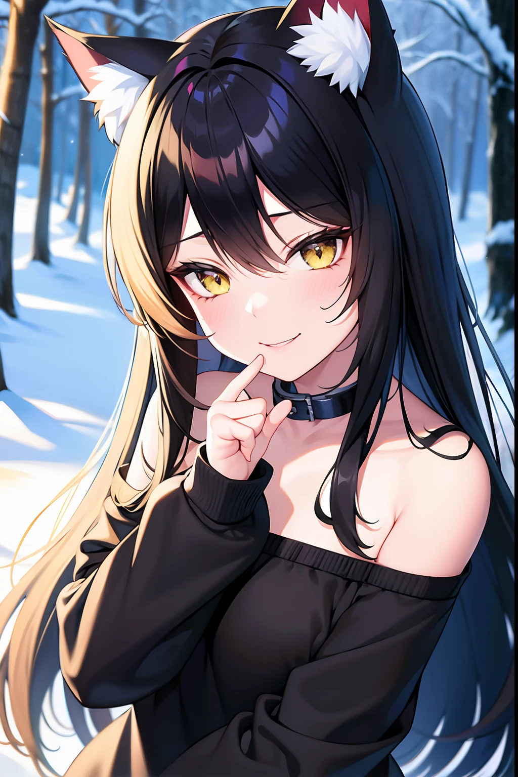 wallpapers, 4k, Anime style, Masterpiece, 1girl,cat ears, cat tail,Side bangs, long hair, black hair,yellow pupils,Yellow eyes, catgirl, neko,B cup, smirking, smiling, badass, snow, woods, coniferous trees, The Snowy Forest Behind, looking a viewer, collar with heart, warm clothes with fur, Happy, playful