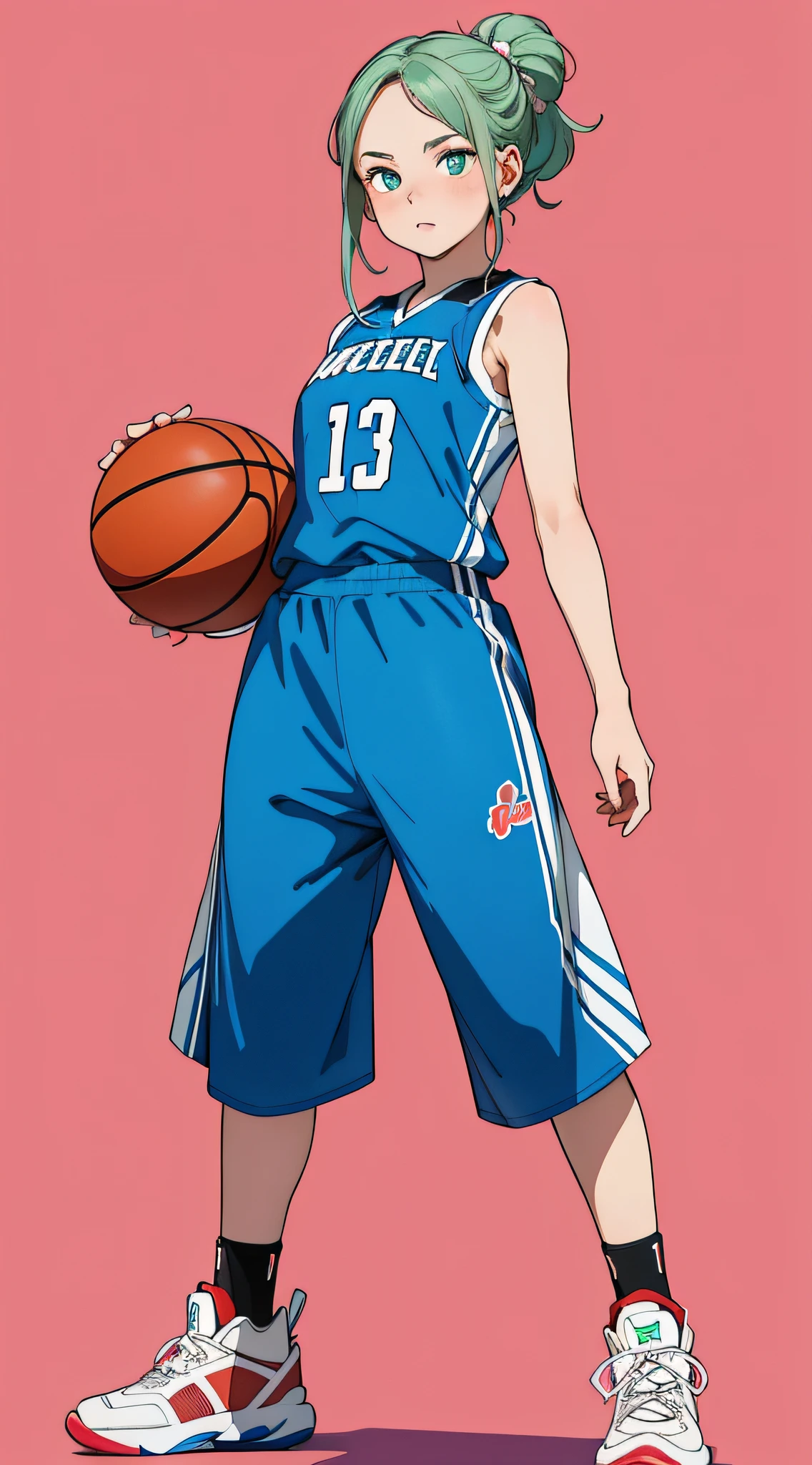 Meisterwerk,Ultra-detailliert,ultra quality, Illustration, ,Einfache Augen, beauty face, niedliches Gesicht, buntes Haar, 1girls,Basketballspieler,Basketball-Uniform,(Basketballplatz),verschwitzte Haut,(full entire body),von hinten,(springen:1.5)