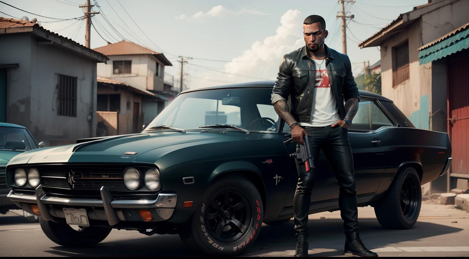 Um Dodge Charge R/T 1970 preto, There's a man , gta personagem, Como o protagonista de GTA 5, GTA V Estilo, como um personagem de gtav, corte de cabelo red,cabelo red,Kanye West em GTA v, Estilo GTA5, gta v personagem, empunhando fuzil de assalto,rifle in hand ,fuzil AK-47 ,gta 5 tom de pele negro,em favela estilo brasil