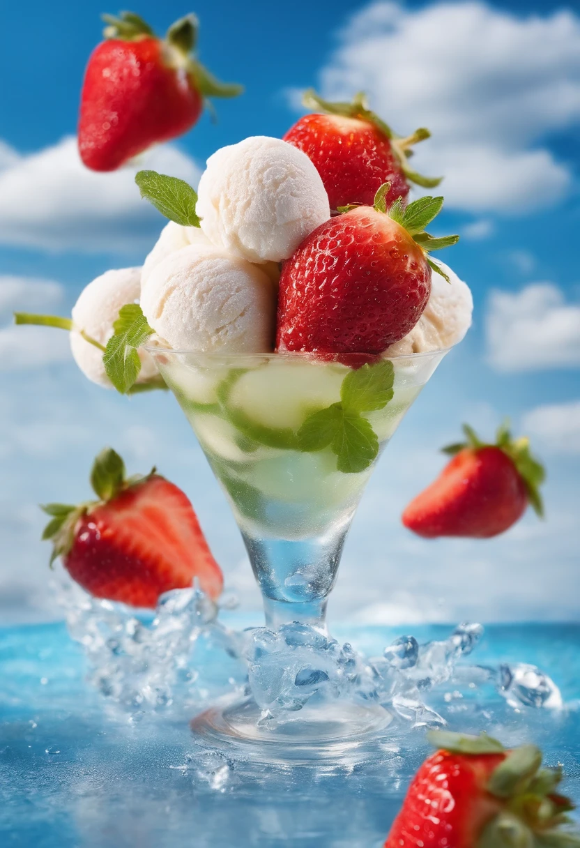 gogo,icecream,the fruits,ice cubes,Splashing water,with blue sky and white clouds
