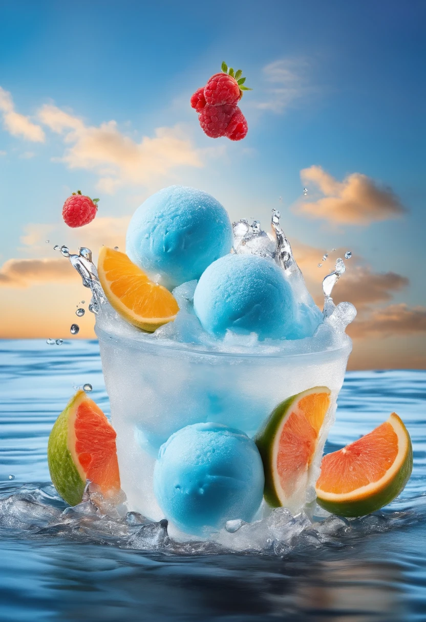 gogo,icecream,the fruits,ice cubes,Splashing water,with blue sky and white clouds