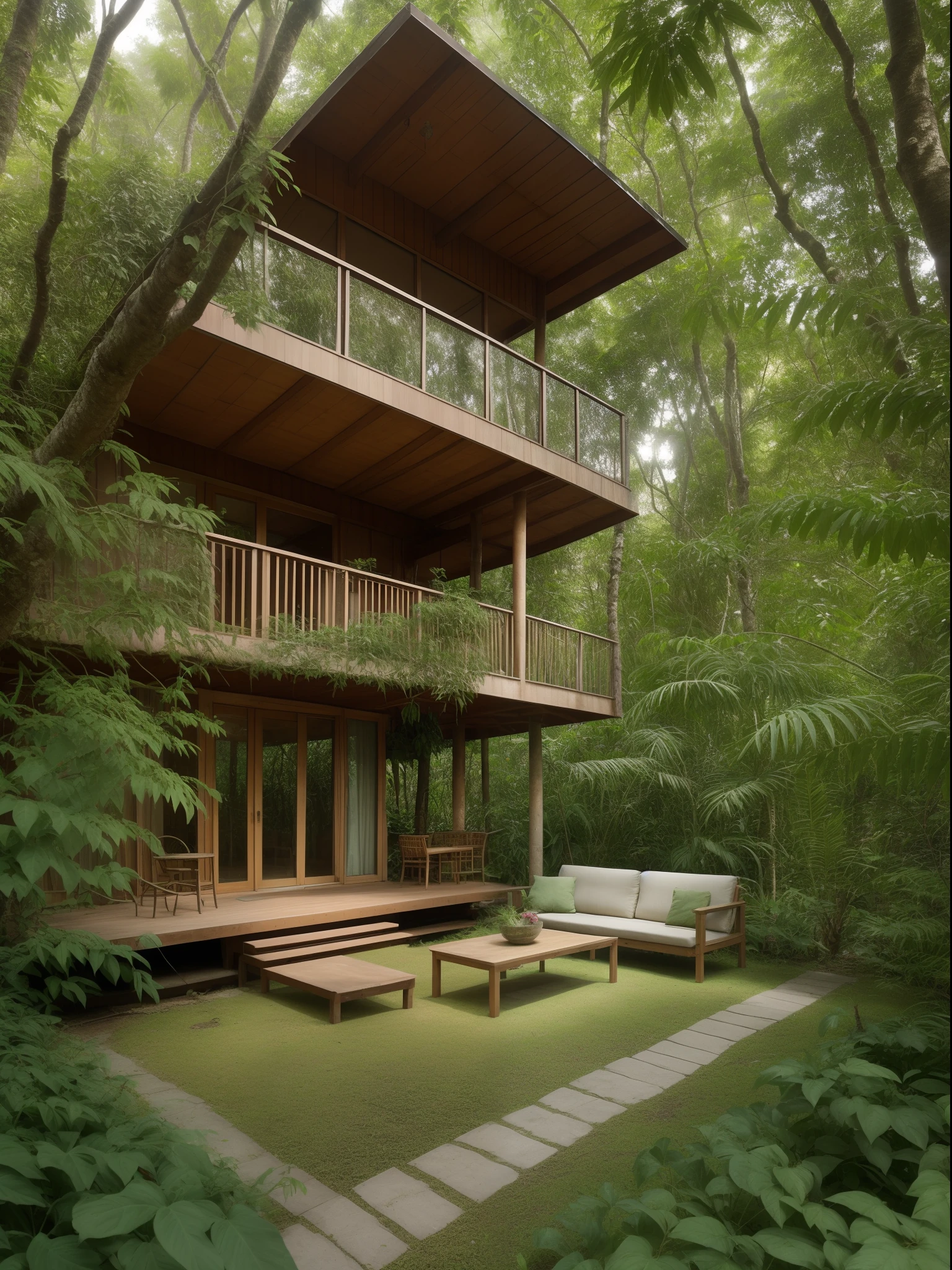 a charming house nestled within the heart of a dense jungle. The house is surrounded by lush vegetation, with tall trees forming a canopy overhead. Sunlight filters through the leaves, casting dappled patterns on the ground. This jungle house is a sanctuary of tranquility, where the sounds of chirping birds and rustling leaves create a symphony that harmonizes with the natural beauty of the surroundings.