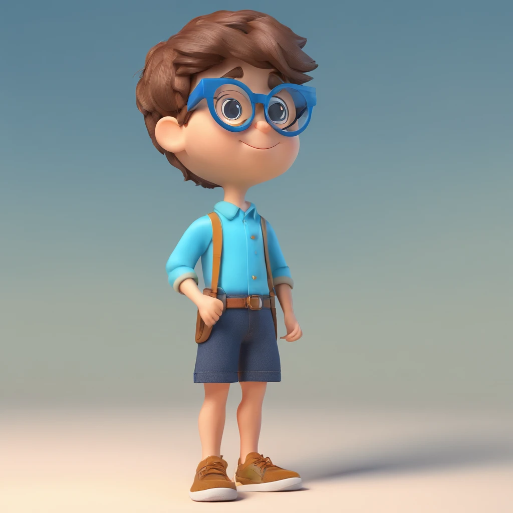 Cute boy with glasses, blue sea、blue open sky、clean back ground, Good luster, 3D rendering of a,Best Quality