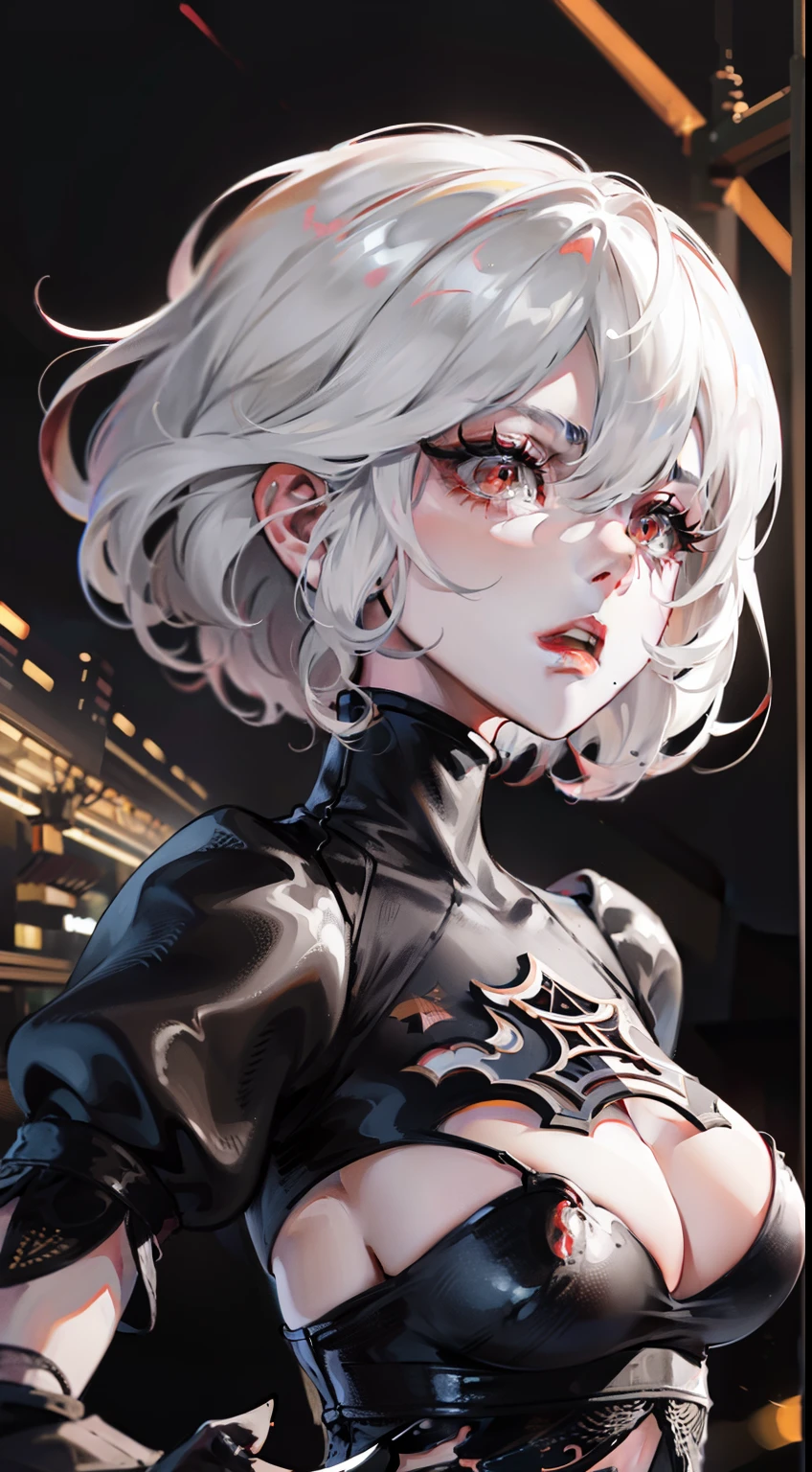 Yorha 2B, white hair, bright red eyes, (best quality,4k,8k,Very High,master piece:1.2),ultra-detailed,HDR,UHD,studio lighting,ultra-thin ink,sharp focus,physics-based rendering,description of extreme details,professional,vivid colors,Bokeh,Yorha 2B,angry expression,red aura,red lightning between fingers,in front of screen,red eyes,gnashing of teeth, black background,lonely woman.