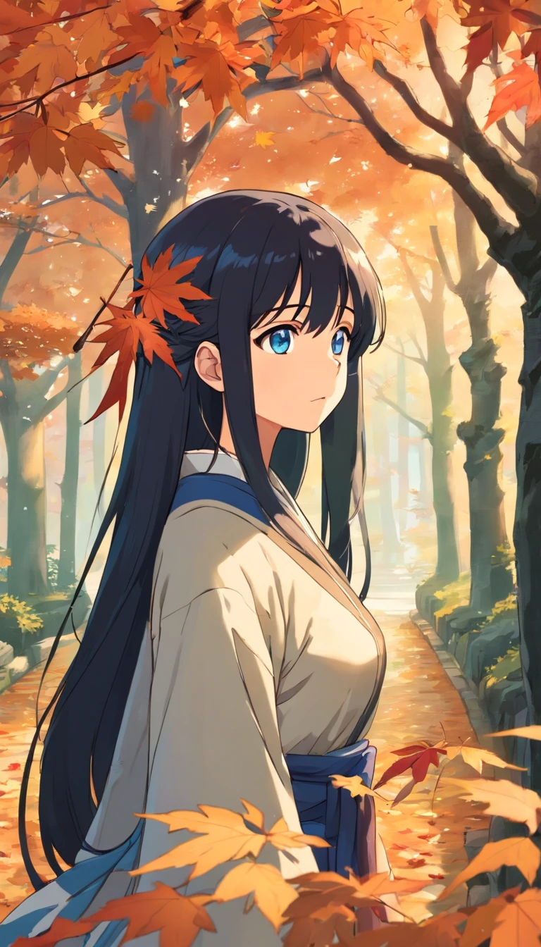 comic strip，1girll, against_tree, aki_shizuha, Anger_vein, Autumn, Autumn_Leaves, bangs, Bare_tree, Blue_Eyes, blunt_bangs, branch, Night, dress, Falling_Leaves, forest, ginko_leafs, Holding_leafs, Lake, leafs, leafs_Background, leafs_Hair_decorations, leafs_On_Head, leafs_print, Lips, Long_Hair, Looking_at_peeping at the viewer, Maple_leafs, Nature, Outdoors, Solo, standing, stone_lantern, tree, under below_tree, Black hair, Big breasts teacher
