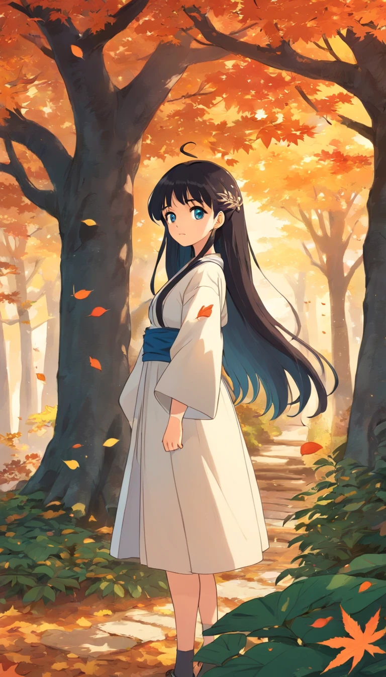 comic ?????,1girll, against_tree, aki_shizuha, Anger_vein, Autumn, Autumn_Leaves, bangs, Bare_tree, Blue_Eyes, blunt_bangs, branch, Night, dress, Falling_Leaves, forest, ginko_leafs, Holding_leafs, Lake, leafs, leafs_Background, leafs_Hair_decorations, leafs_On_Head, leafs_print, Lips, Long_Hair, Looking_at_peeping at the viewer, Maple_leafs, Nature, Outdoors, Solo, standing, stone_lantern, tree, under below_tree, Black hair, Big breasts teacher