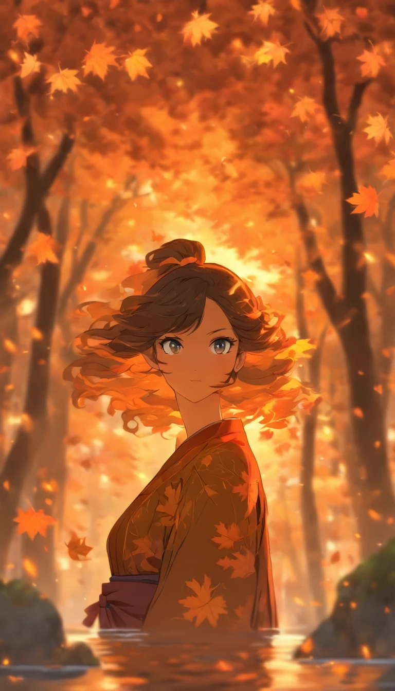 comic strip，1girll, against_tree, aki_shizuha, Anger_vein, Autumn, Autumn_Leaves, bangs, Bare_tree, Blue_Eyes, blunt_bangs, branch, Night, dress, Falling_Leaves, forest, ginko_leafs, Holding_leafs, Lake, leafs, leafs_Background, leafs_Hair_decorations, leafs_On_Head, leafs_print, Lips, Long_Hair, Looking_at_peeping at the viewer, Maple_leafs, Nature, Outdoors, Solo, standing, stone_lantern, tree, under below_tree, Black hair, Big breasts teacher