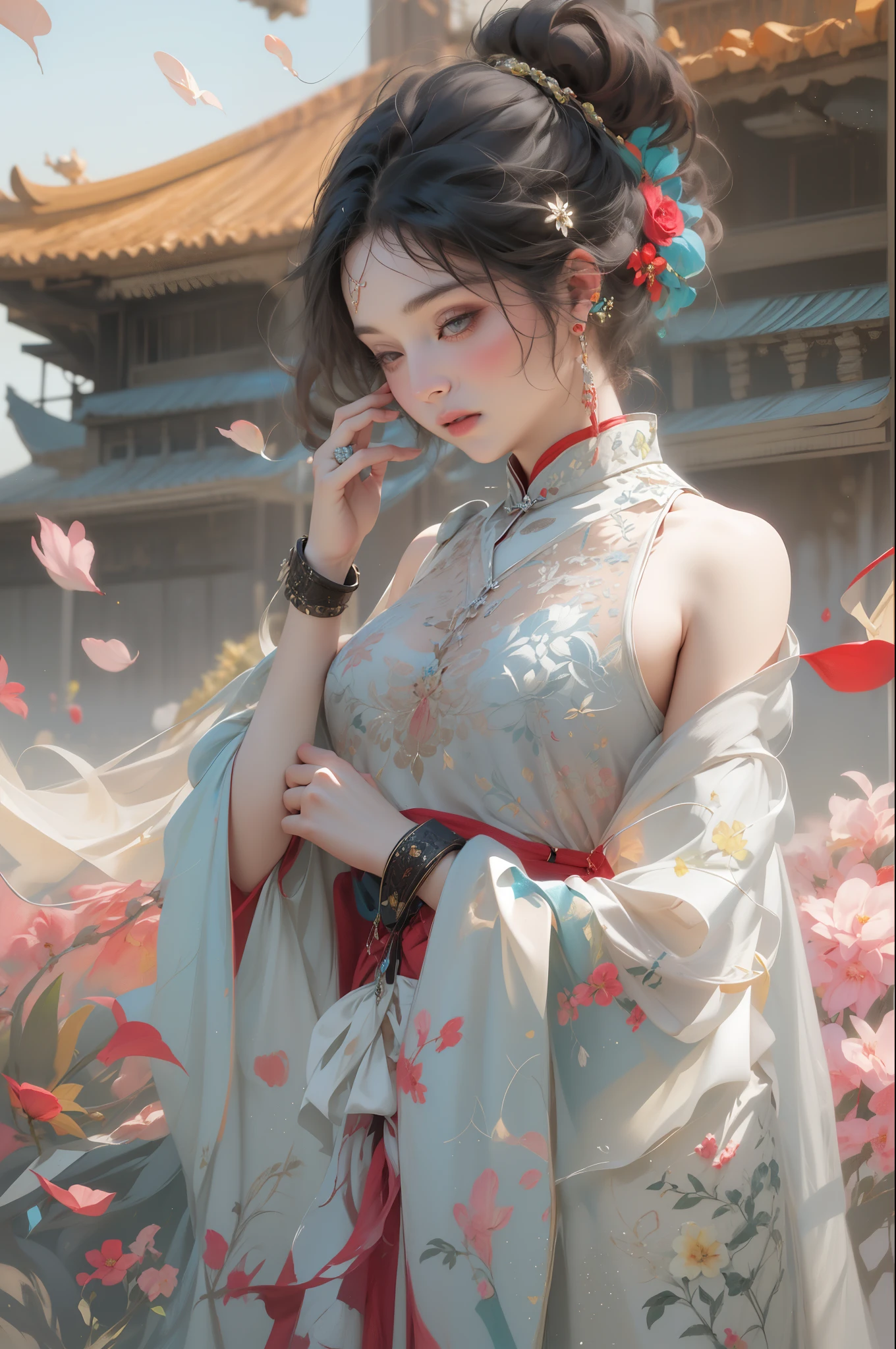 nsfw, zhongfenghua, 1girl, solo, hanfu, ancient_chinese_architecture, flower field, blossom, (white smoke:1.3) (photorealistic:1.4), zentangle, mandala, entangle, official art, unity 8k wallpaper, ultra detailed, beautiful and aesthetic, masterpiece,best quality, (dynamic angle:1.4), glowing skin, (floating colorful sparkles:1) chaos, elegant, vivid colours, romanticism depth of field exotic_dance, half_?????
