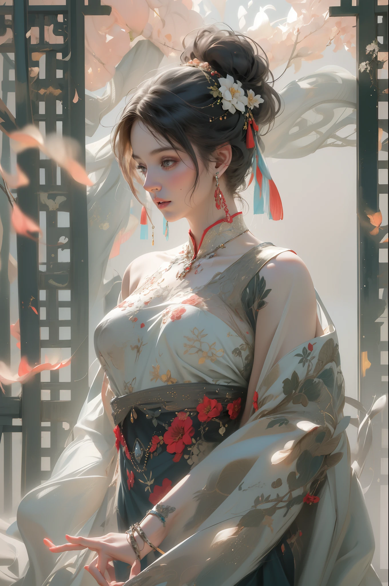 nsfw, zhongfenghua, 1girl, solo, hanfu, ancient_chinese_architecture, flower field, blossom, (white smoke:1.3) (photorealistic:1.4), zentangle, mandala, entangle, official art, unity 8k wallpaper, ultra detailed, beautiful and aesthetic, masterpiece,best quality, (dynamic angle:1.4), glowing skin, (floating colorful sparkles:1) chaos, elegant, vivid colours, romanticism depth of field exotic_dance, half_naked