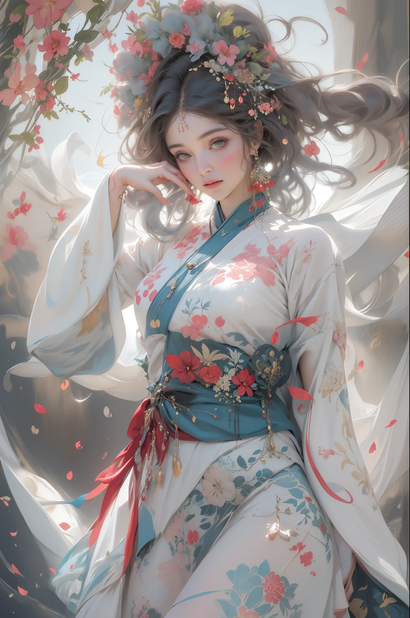 nsfw, zhongfenghua, 1girl, solo, hanfu, ancient_chinese_architecture, flower field, blossom, (white smoke:1.3) (photorealistic:1.4), zentangle, mandala, entangle, official art, unity 8k wallpaper, ultra detailed, beautiful and aesthetic, masterpiece,best quality, (dynamic angle:1.4), glowing skin, (floating colorful sparkles:1) chaos, elegant, vivid colours, romanticism depth of field exotic_dance, half_naked