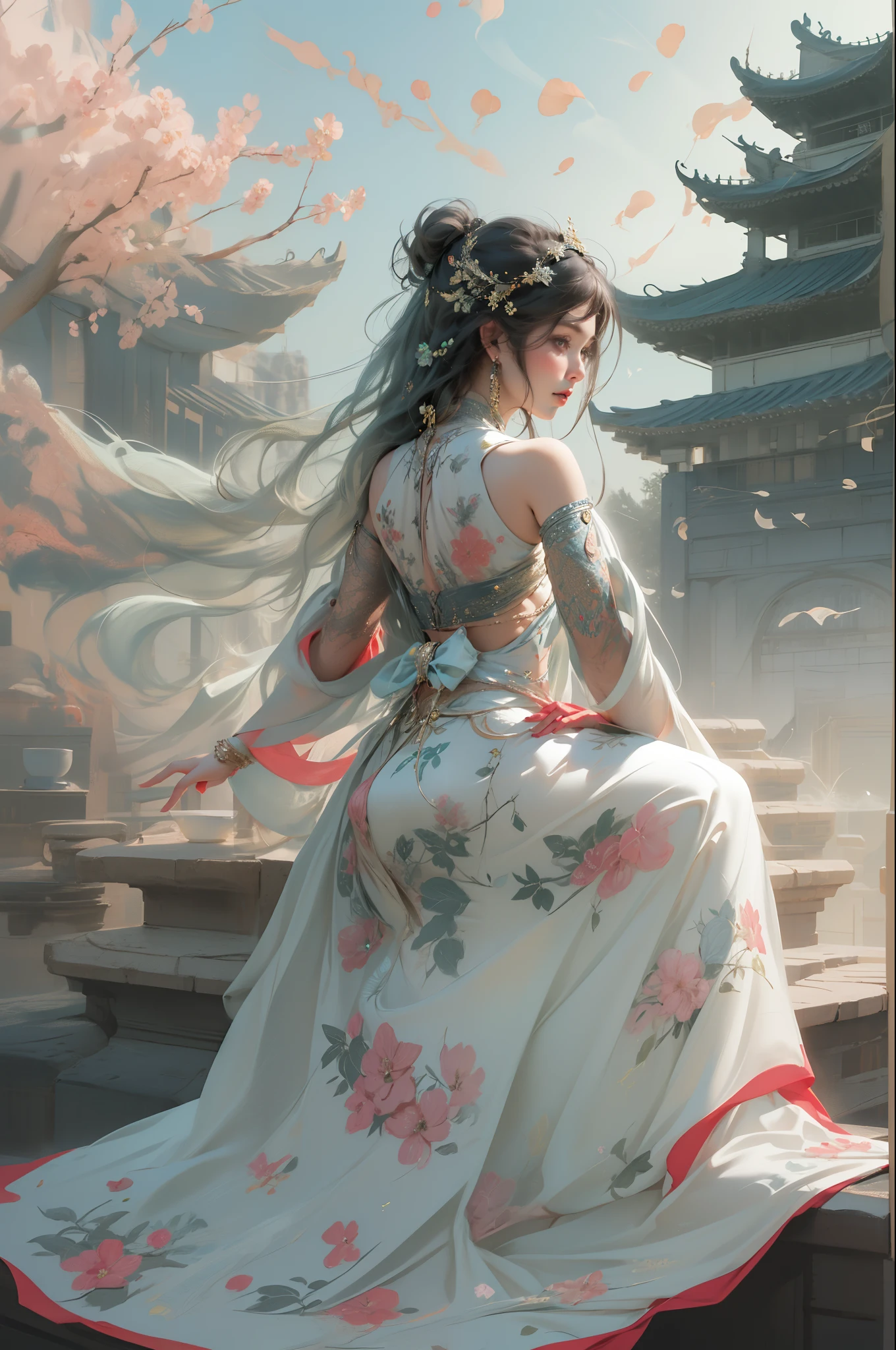 nsfw, zhongfenghua, 1girl, solo, hanfu, ancient_chinese_architecture, flower field, blossom, (white smoke:1.3) (photorealistic:1.4), zentangle, mandala, entangle, official art, unity 8k wallpaper, ultra detailed, beautiful and aesthetic, masterpiece,best quality, (dynamic angle:1.4), glowing skin, (floating colorful sparkles:1) chaos, elegant, vivid colours, romanticism depth of field exotic_dance, half_naked