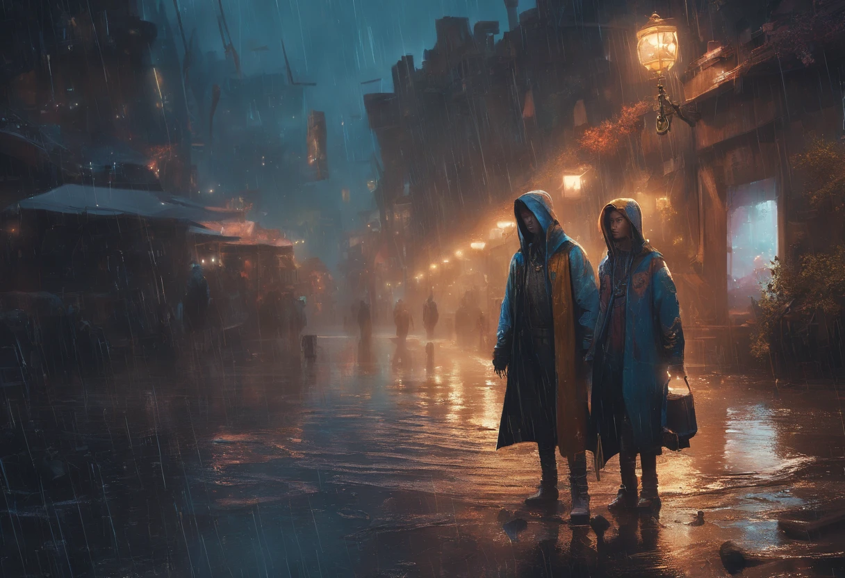 POOR SAD, CHILDREN IN THE RAIN, detailed matte painting, deep color, fantastical, intricate detail, splash screen, complementary colors, fantasy concept art, 8k resolution trending on Artstation Unreal Engine 5", CAUCASIAN, GOLDEN HAIR, BLUE EYES,