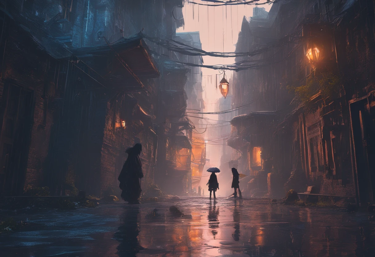 POOR SAD, CHILDREN IN THE RAIN, detailed matte painting, deep color, fantastical, intricate detail, splash screen, complementary colors, fantasy concept art, 8k resolution trending on Artstation Unreal Engine 5", CAUCASIAN, GOLDEN HAIR, BLUE EYES,