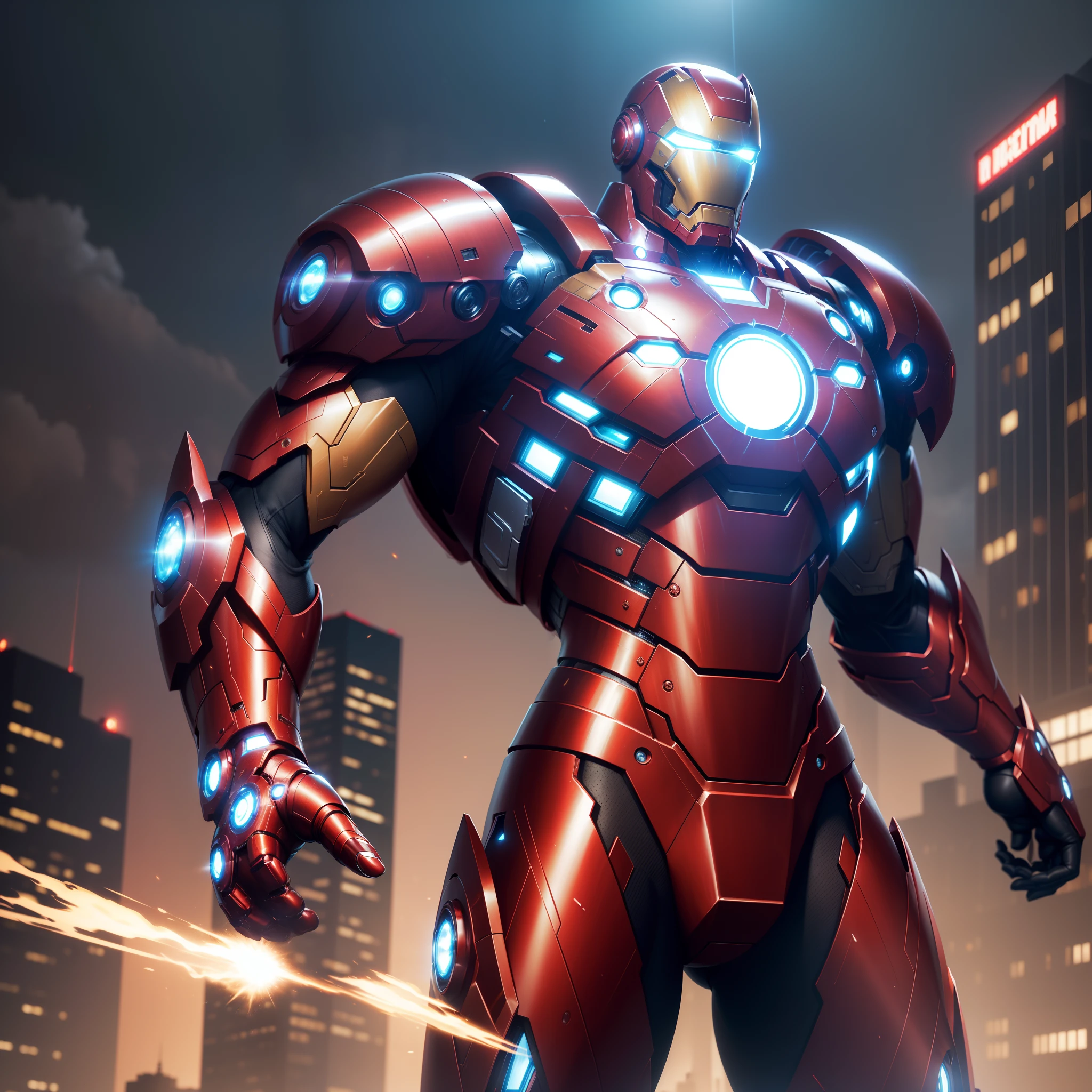 (highres:1.2),Iron Man suit,glowing arc reactor,red and gold armor,advanced technology,futuristic design,heroic pose,blasting repulsor beams,hovering in the air,cityscape background,shining bright light effects,sharp and detailed suit texture,extraordinary power,mask with illuminated eyes,high-tech gadgets and weapons,action-packed scene,energetic and dynamic pose,metallic reflections,sharp edges and contours,detailed mechanical parts,perfectly engineered suit,battle-ready stance,extremely powerful and invincible,showcasing immense strength and agility,vivid colors and contrast,dramatic lighting,ultimate superhero