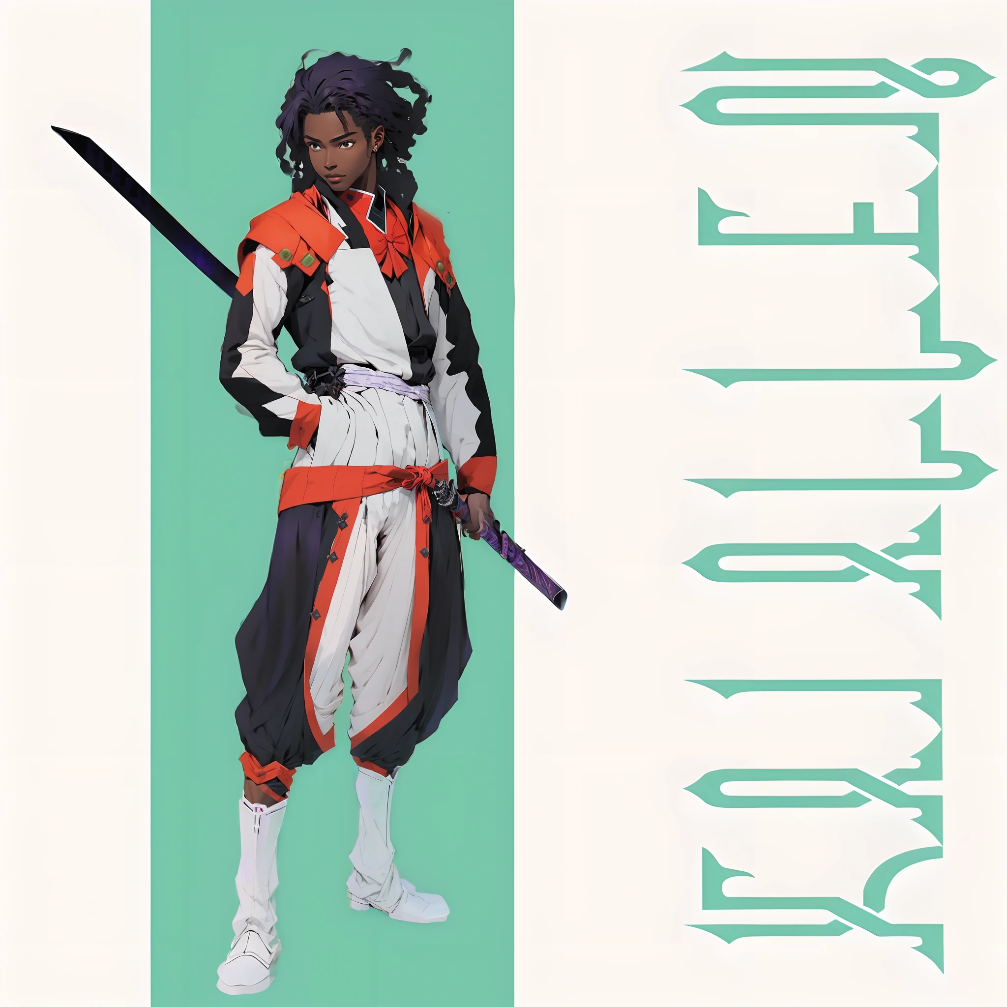 There is a black man with a long sword standing in front of a green background, um assassino adolescente negro ousado, sorriso personagens bonito, estilo anime, Estilo de Arte Violet Evergarden, official character illustration, Personagem de videogame Katana Zero, qualidade 8k, sombras aplicadas