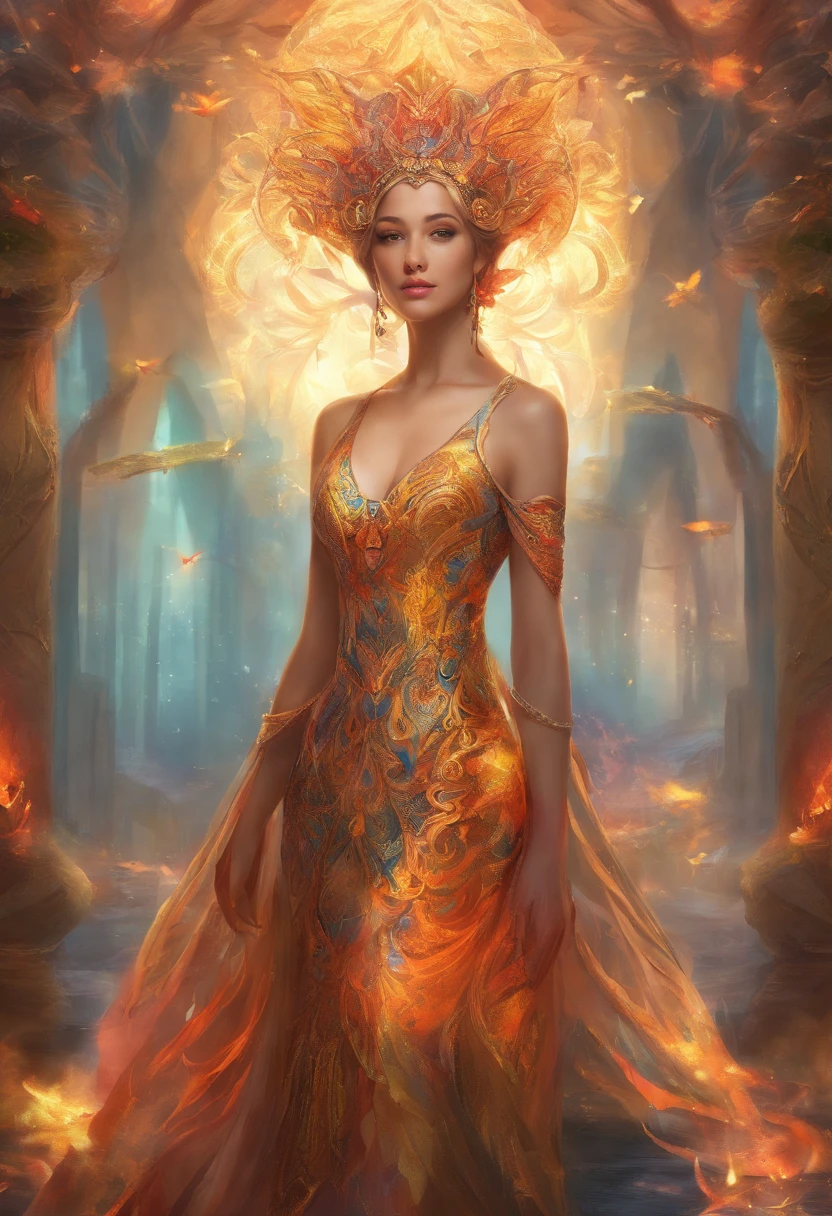 The spark dress is a very unique and beautiful dress,Its design is inspired by the colors and shapes of glittering flames。Spark skirts usually consist of many small pieces,Each piece comes in a different color and shape,These small pieces combine to form a beautiful pattern,Shine,delicated,opulent,Originality,( Absurd , High quality , Ultra detailed, Masterpiece, concept-art, high detail artwork, )