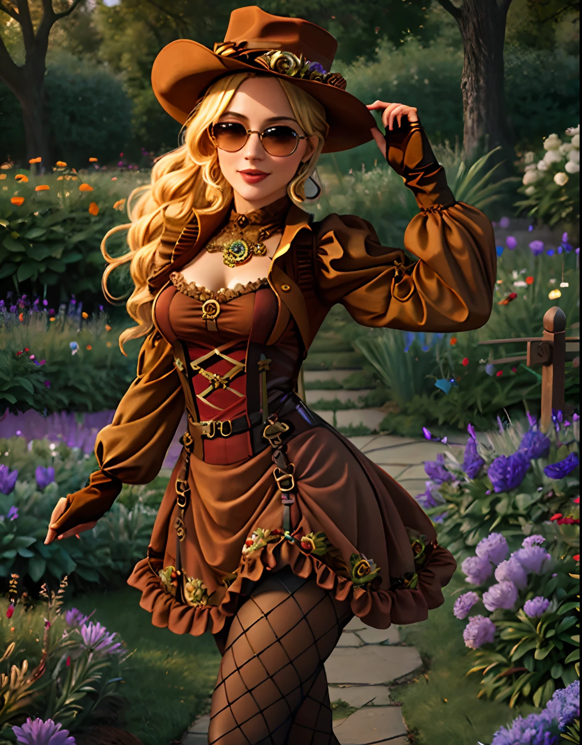 4K, Masterpiece,beautiful garden, very realistic, highres, absurdres,natural volumetric lighting and best shadows,highly detailed face, highly detailed facial features, smiling, beautiful smile, 1girl, solo, blonde hair, gloves, hat, dress, jewelry, flower, pantyhose, earrings, sunglasses, fishnets, steampunk_costume