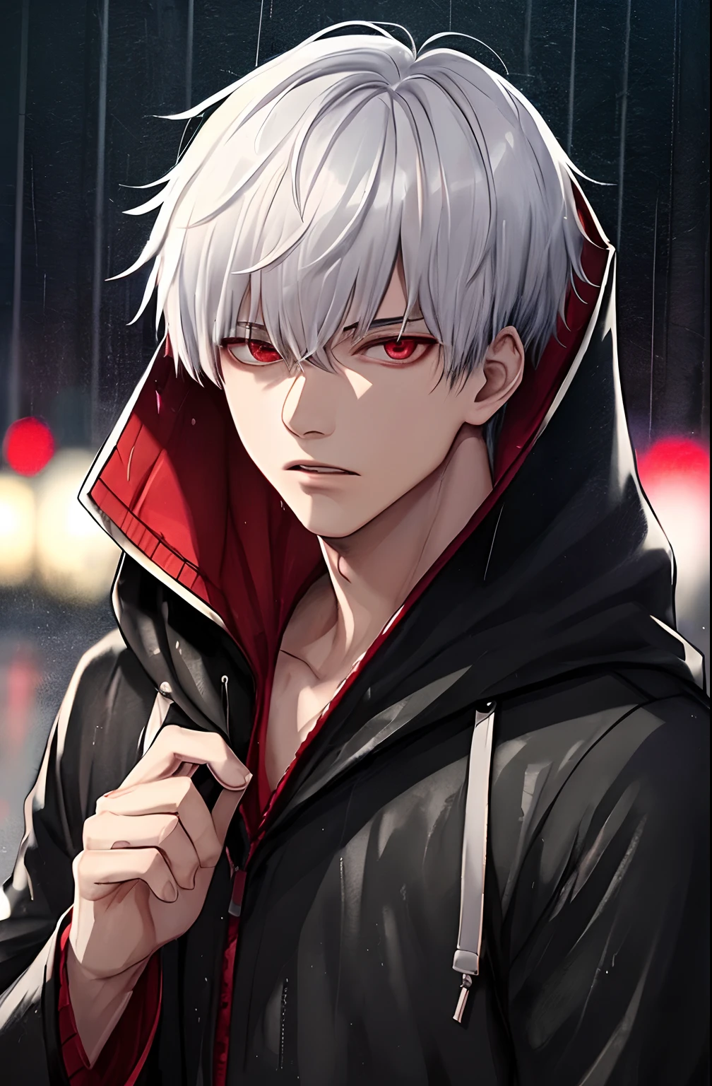 kk, best quality, more details, masterpiece, 1boy, kaneki ken, portrait, male focus, red eyes, solo, bangs, looking at viewer, hood, short hair, rain, tokyo tokyo \(city\), hood up, nail polish, white hair, luxurious, 8k, detailed, ray tracing, depth of field, cinematic lighting,