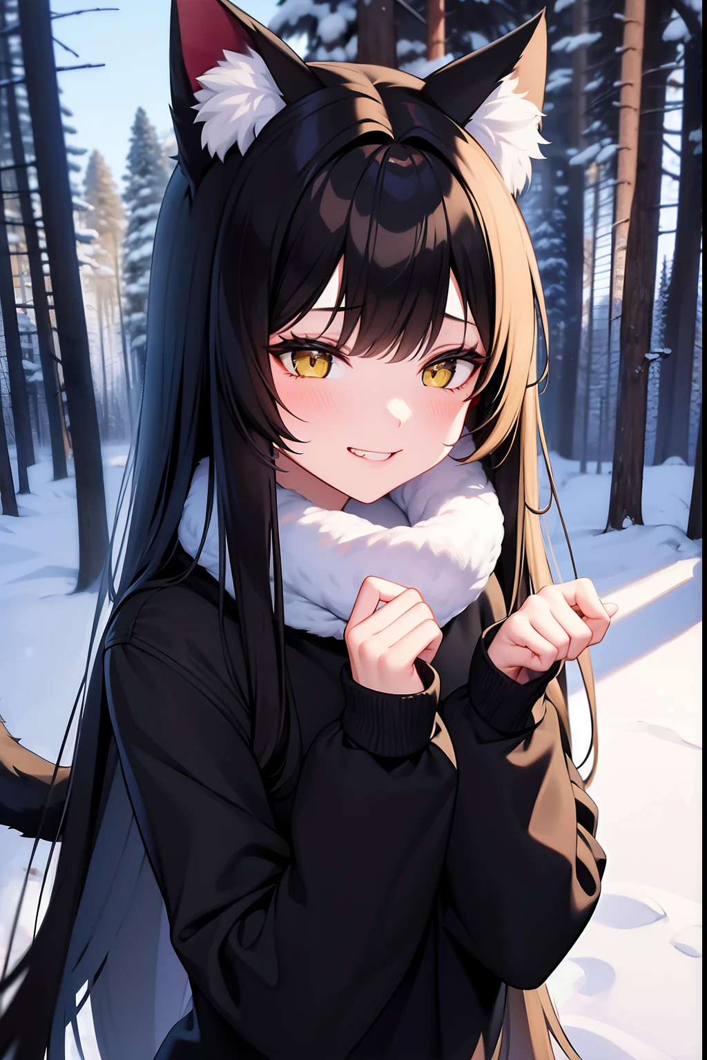 wallpapers, 4k, Anime style, Masterpiece, 1girl,cat ears, cat tail,Side bangs, Long hair, black hair,yellow pupils,Yellow eyes, catgirl, neko,B cup, smirking, Smiling, badass, snowing, woods, Coniferous trees, The Snowy Forest Behind, looking a viewer, A collar with a heart, warm clothes with fur, Happy, Playful, NSFW, fit