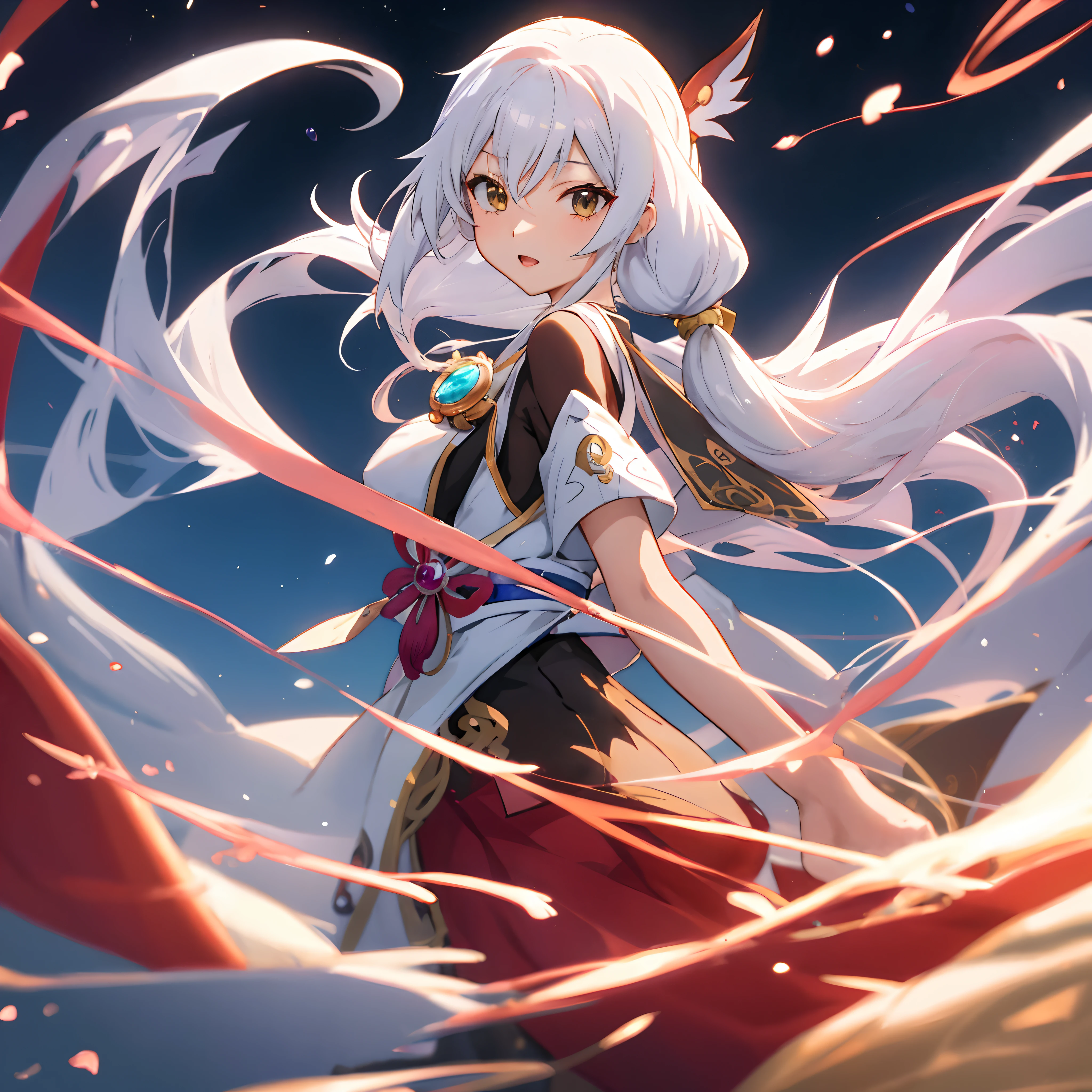 Menina anime com longos cabelos brancos e uma saia vermelha, divindade de cabelos brancos, Impacto de Ayaka Genshin, arte oficial, Keqing de Genshin Impact, cushart krenz arte chave feminina, arte detalhada Onmyoji, ayaka jogo genshin impact, Retrato de Onmyoji, Zhongli, Genshin Impact, Onmyoji, arte oficial do anime