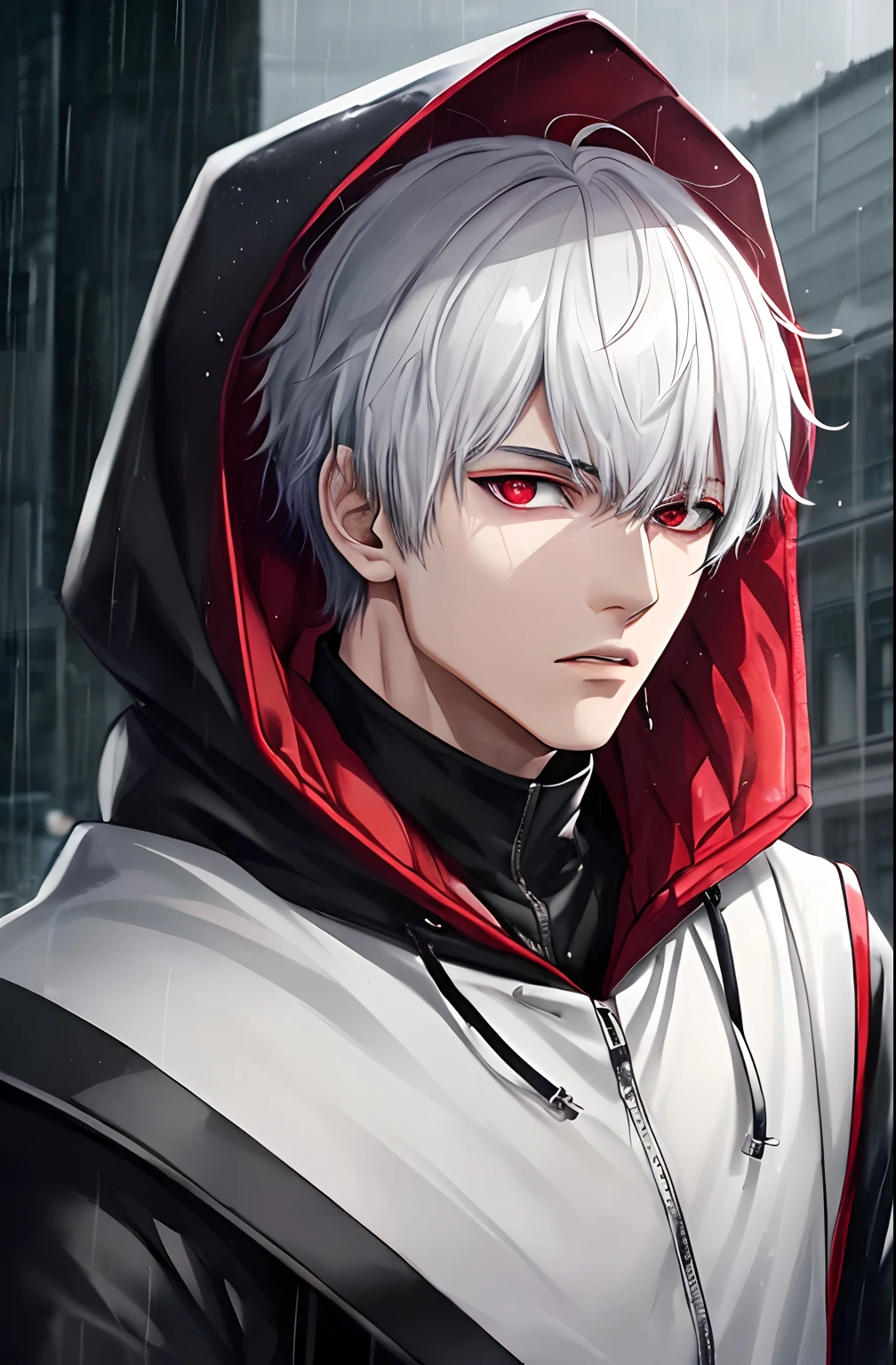 kk, best quality, more details, masterpiece, 1boy, kaneki ken, portrait, male focus, red eyes, solo, bangs, looking at viewer, hood, short hair, rain, tokyo tokyo \(city\), hood up, nail polish, white hair, luxurious, 8k, detailed, ray tracing, depth of field, cinematic lighting,