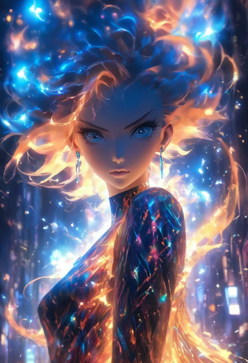 The spark dress is a very unique and beautiful dress,Its design is inspired by the colors and shapes of glittering flames,Spark skirts usually consist of many small pieces,Each piece comes in a different color and shape,These small pieces combine to form a beautiful pattern,Shine,delicated,opulent,Originality,( Absurd , High quality , Ultra detailed, Masterpiece, concept-art, high detail artwork,)