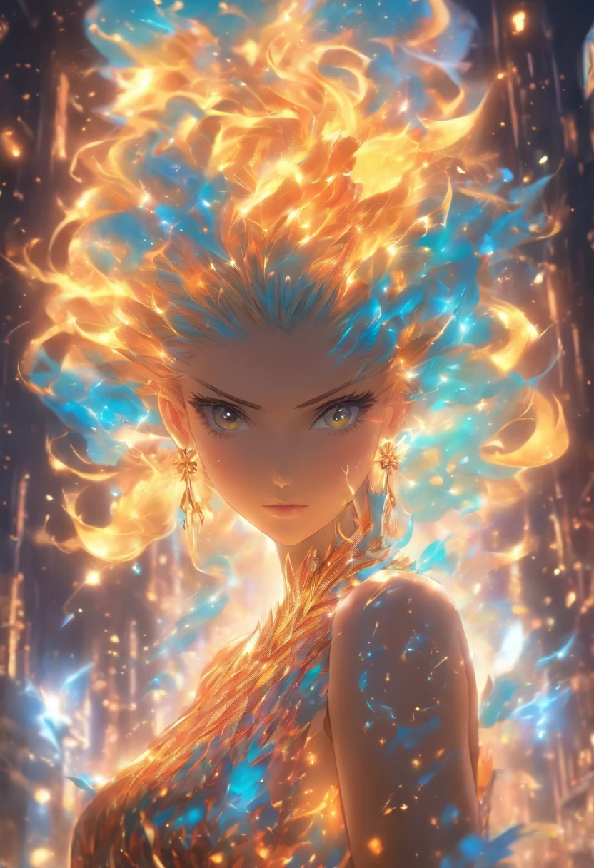The spark dress is a very unique and beautiful dress,Its design is inspired by the colors and shapes of glittering flames,Spark skirts usually consist of many small pieces,Each piece comes in a different color and shape,These small pieces combine to form a beautiful pattern,Shine,delicated,opulent,Originality,( Absurd , High quality , Ultra detailed, Masterpiece, concept-art, high detail artwork,)