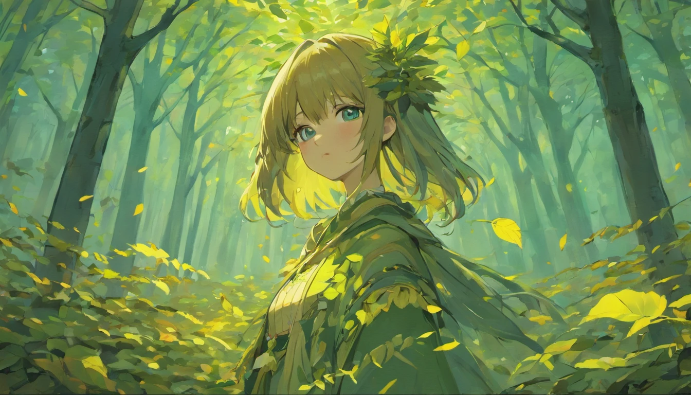 1girll, against_tree, aki_shizuha, Anger_vein, Autumn, Autumn_Leaves, bangs, Bare_tree, Blue_Eyes, blunt_bangs, branch, Night, dress, Falling_Leaves, forest, ginko_leafs, Holding_leafs, Lake, leafs, leafs_Background, leafs_Hair_decorations, leafs_On_Head, leafs_print, Lips, Long_Hair, Looking_at_peeping at the viewer, Maple_leafs, Nature, Outdoors, Solo, standing, stone_lantern, tree, under below_tree, Black hair, Big breasts teacher