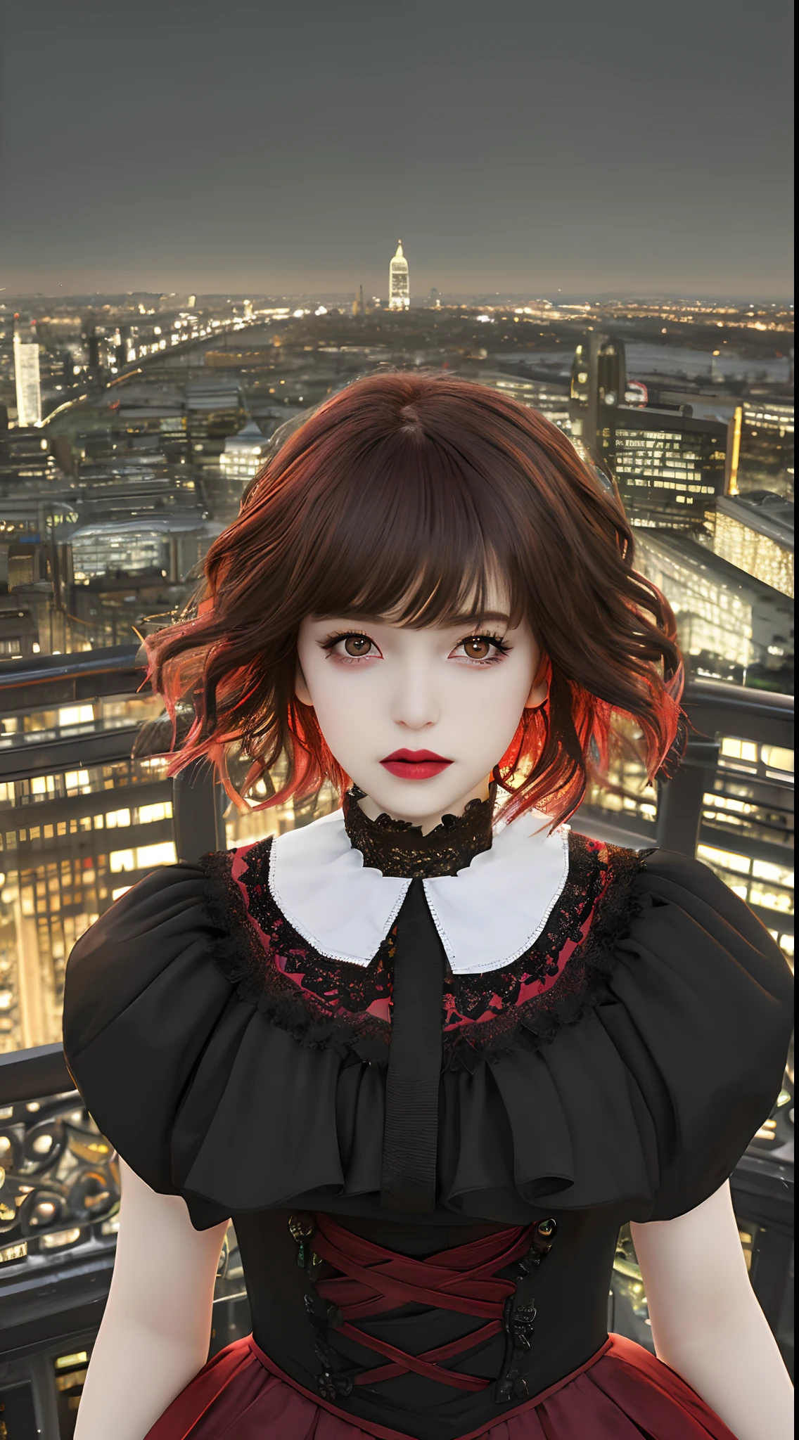 masterpiece, 1 beautiful woman, A detailed eye, Swollen eyes, top-quality, 超A high resolution, 电影灯光, japanes, Beautiful skins, A slender, (A hyper-realistic), (hight resolution), (8K), (ultra-detailliert), 详细的脸, Bright lighting, Professional lighting、Facing straight ahead、The background is the cityscape of London、The background is blurry、short-hair、hair color is brown、The costume is black Gothic Lolita、Black feathers、A bright red apple is floating in the air、The composition is above the waist、