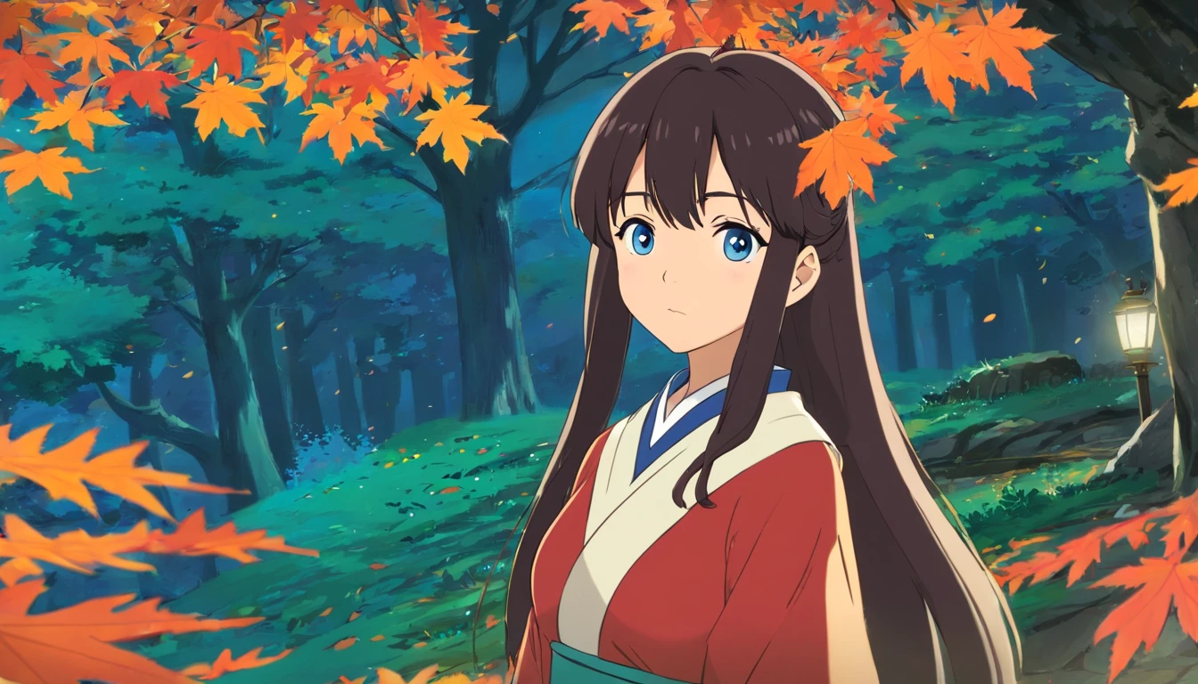 comic strip,1girll, against_tree, aki_shizuha, Anger_vein, Autumn, Autumn_Leaves, bangs, Bare_tree, Blue_Eyes, blunt_bangs, branch, Night, dress, Falling_Leaves, forest, ginko_leafs, Holding_leafs, Lake, leafs, leafs_Background, leafs_Hair_decorations, leafs_On_Head, leafs_print, Lips, Long_Hair, Looking_at_peeping at the viewer, Maple_leafs, Nature, Outdoors, Solo, standing, stone_lantern, tree, under below_tree, Black hair, Big Breasts Teacher