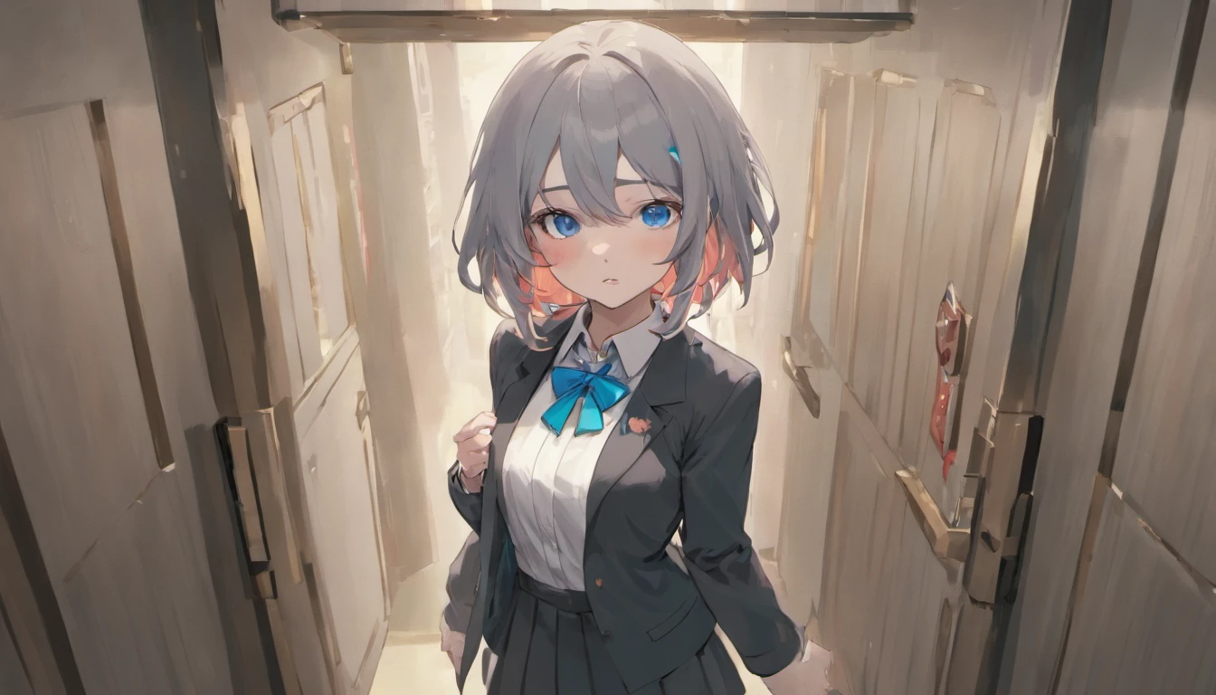 Arya, 1girll, Solo, Long hair, Blue eyes, ahoge, bow, view the viewer, Red bow, Jacket, neck bowtie, Long sleeves, Breasts, shirt, Open jacket, red bowtie, Door, Cowboy shot, Collared shirt, Indoors, school uniform, White hair, standing, Open clothes, Skirt, bangs, dress, grey jacket, Black dress, Blush, Pleated skirt, parted lip, Medium breasts, Pleated dress, White shirt, hair between eye, White jacket, Hand up, Blazer, Black skirt, Thighs, Open door, hallways