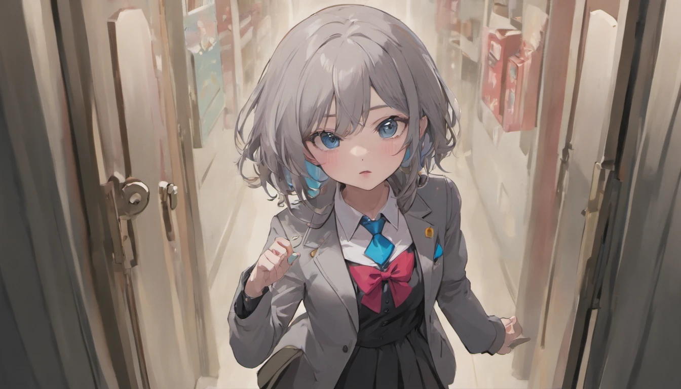 Arya, 1girll, Solo, Long hair, Blue eyes, ahoge, bow, view the viewer, Red bow, Jacket, neck bowtie, Long sleeves, Breasts, shirt, Open jacket, red bowtie, Door, Cowboy shot, Collared shirt, Indoors, school uniform, White hair, standing, Open clothes, Skirt, bangs, dress, grey jacket, Black dress, Blush, Pleated skirt, parted lip, Medium breasts, Pleated dress, White shirt, hair between eye, White jacket, Hand up, Blazer, Black skirt, Thighs, Open door, hallways