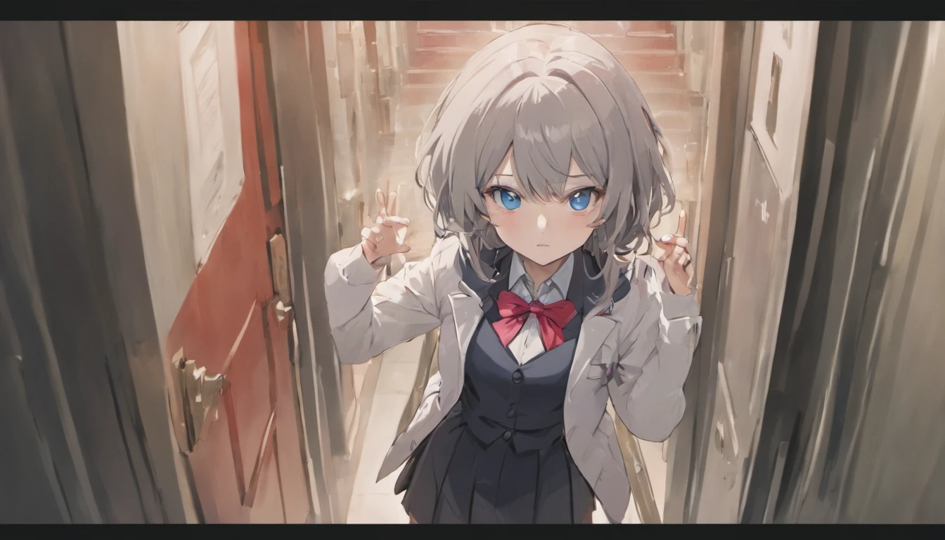 Arya, 1girll, Solo, Long hair, Blue eyes, ahoge, bow, view the viewer, Red bow, Jacket, neck bowtie, Long sleeves, Breasts, shirt, Open jacket, red bowtie, Door, Cowboy shot, Collared shirt, Indoors, school uniform, White hair, standing, Open clothes, Skirt, bangs, dress, grey jacket, Black dress, Blush, Pleated skirt, parted lip, Medium breasts, Pleated dress, White shirt, hair between eye, White jacket, Hand up, Blazer, Black skirt, Thighs, Open door, hallways