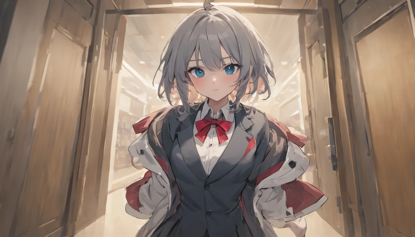 Arya, 1girll, Solo, Long hair, Blue eyes, ahoge, bow, view the viewer, Red bow, Jacket, neck bowtie, Long sleeves, Breasts, shirt, Open jacket, red bowtie, Door, Cowboy shot, Collared shirt, Indoors, school uniform, White hair, standing, Open clothes, Skirt, bangs, dress, grey jacket, Black dress, Blush, Pleated skirt, parted lip, Medium breasts, Pleated dress, White shirt, hair between eye, White jacket, Hand up, Blazer, Black skirt, Thighs, Open door, hallways