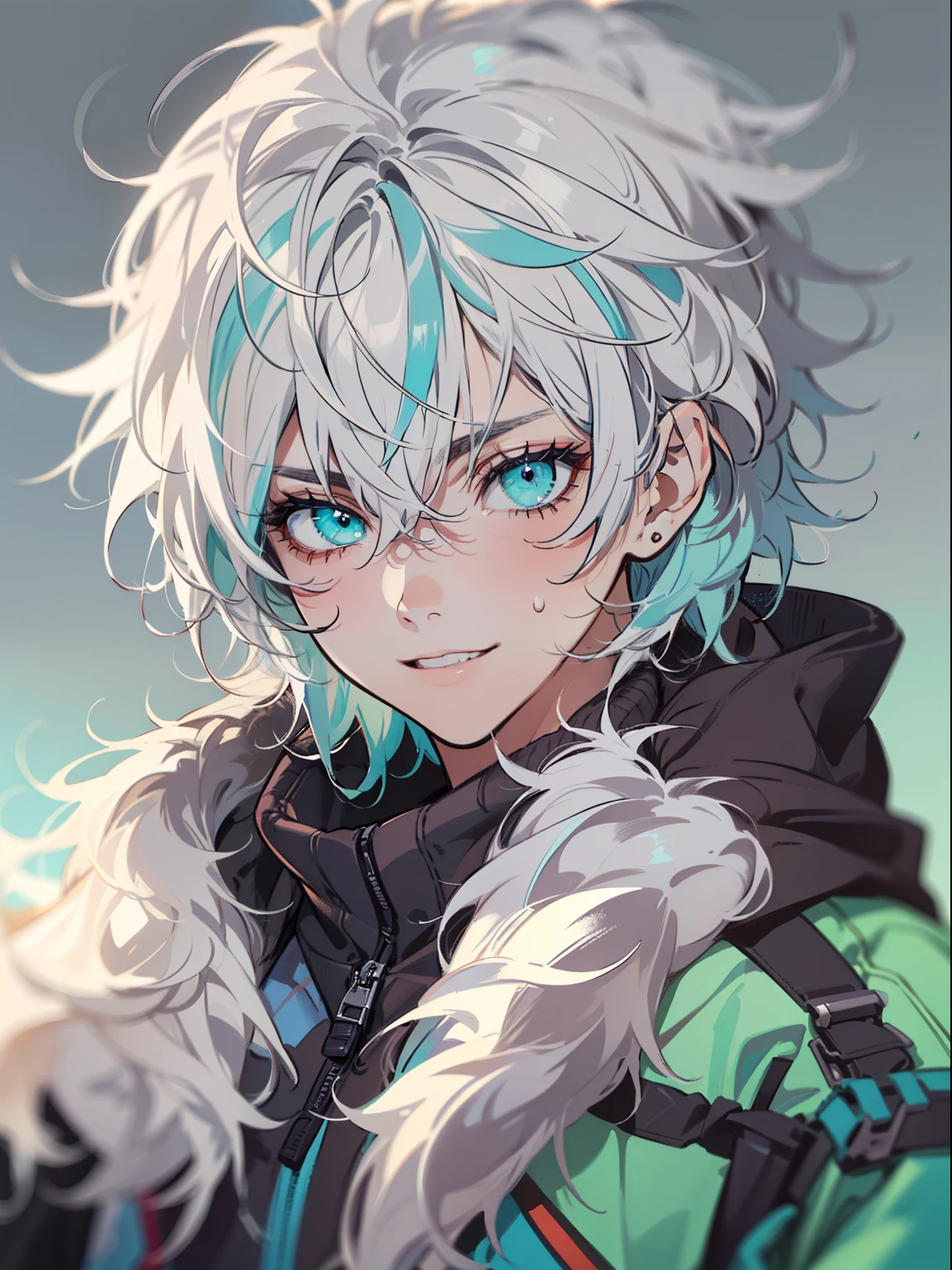 ((highest quality, masterpiece, 4k, finely detailed, detailed eyes, detailed face, gelbooru, pixiv)), warm lighting, ((solo)), 1 male, handsome, masculine, adult male, broad shoulders, closeup of face, portrait, smiling, ((lazy eyes, half-lidded, wearing modern clothing, hoodie with a logo, sweatpants, standing, , ((white hair, medium length hair, shaggy hairstyle, messy hair)),(cyan eyes)