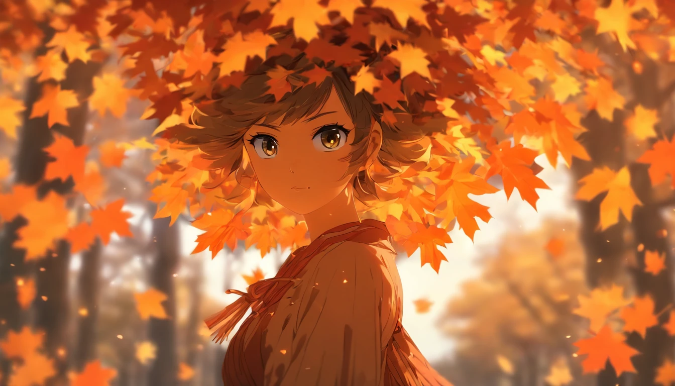 1girll, against_tree, aki_shizuha, Anger_vein, Autumn, Autumn_Leaves, bangs, Bare_tree, Blue_Eyes, blunt_bangs, branch, Night, dress, Falling_Leaves, forest, ginko_leafs, Holding_leafs, Lake, leafs, leafs_Background, leafs_Hair_decorations, leafs_On_Head, leafs_print, Lips, Long_Hair, Looking_at_peeping at the viewer, Maple_leafs, Nature, Outdoors, Solo, standing, stone_lantern, tree, under below_tree, Black hair, Big Breasts Teacher