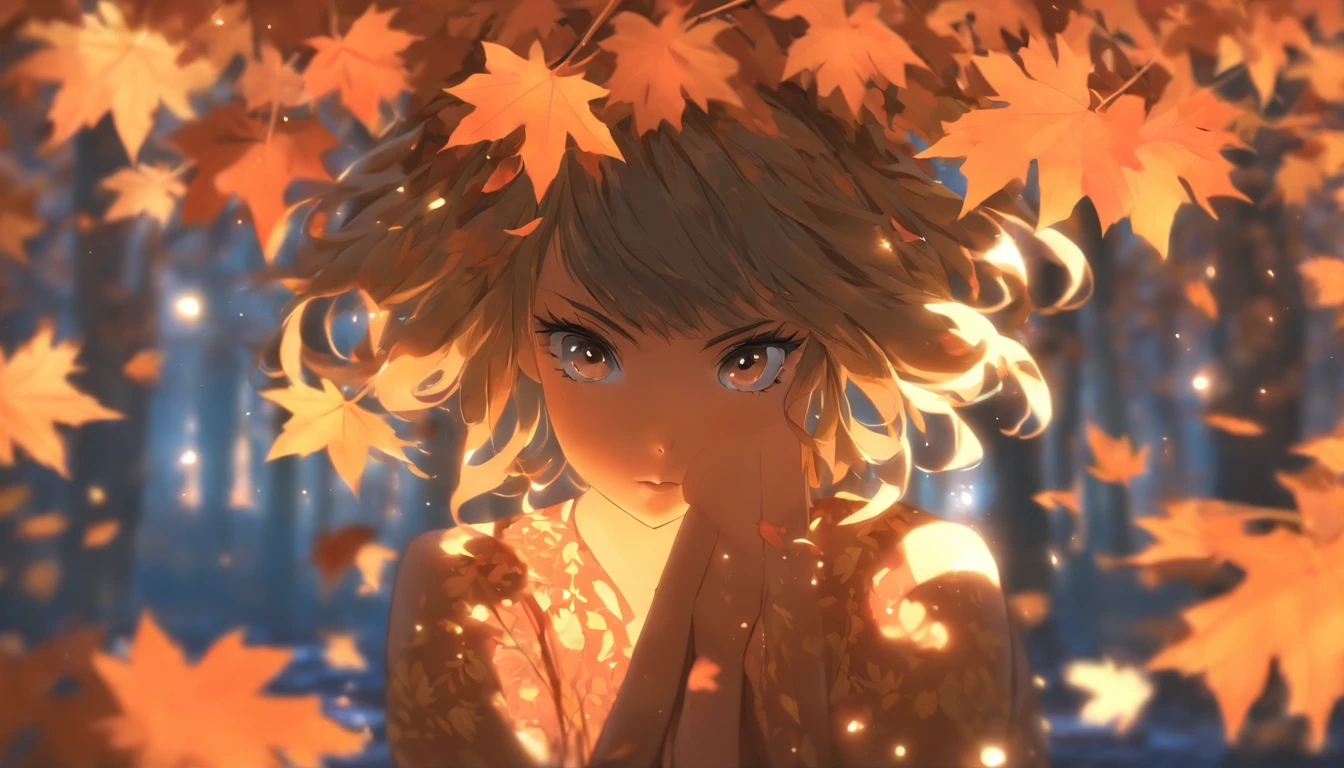 1girll, against_tree, aki_shizuha, Anger_vein, Autumn, Autumn_Leaves, bangs, Bare_tree, Blue_Eyes, blunt_bangs, branch, Night, dress, Falling_Leaves, forest, ginko_leafs, Holding_leafs, Lake, leafs, leafs_Background, leafs_Hair_decorations, leafs_On_Head, leafs_print, Lips, Long_Hair, Looking_at_peeping at the viewer, Maple_leafs, Nature, Outdoors, Solo, standing, stone_lantern, tree, under below_tree, Black hair, Big Breasts Teacher