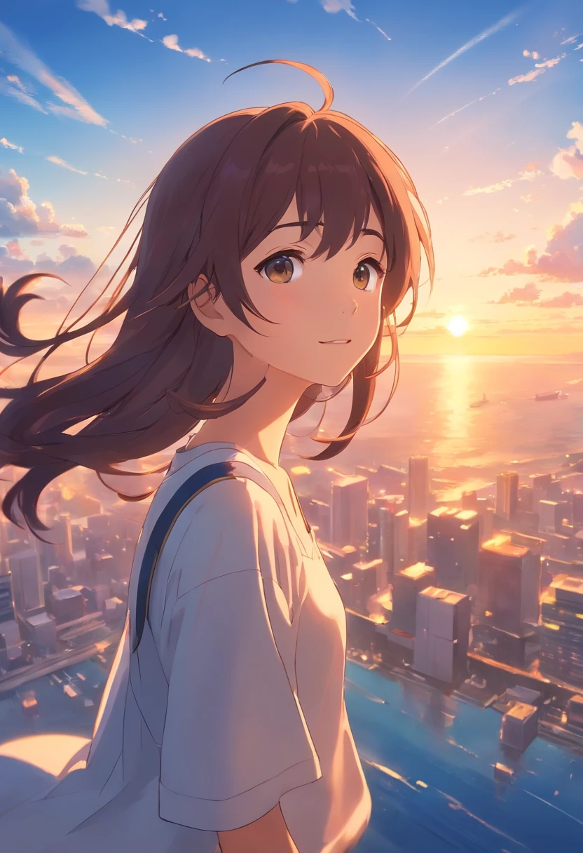 ​masterpiece、top-quality、Movie stills、One Girl、Semi-long hair、floating in sky、a closeup、发光、happiness、Warm soft lighting、the setting sun、(Spark:0.7)