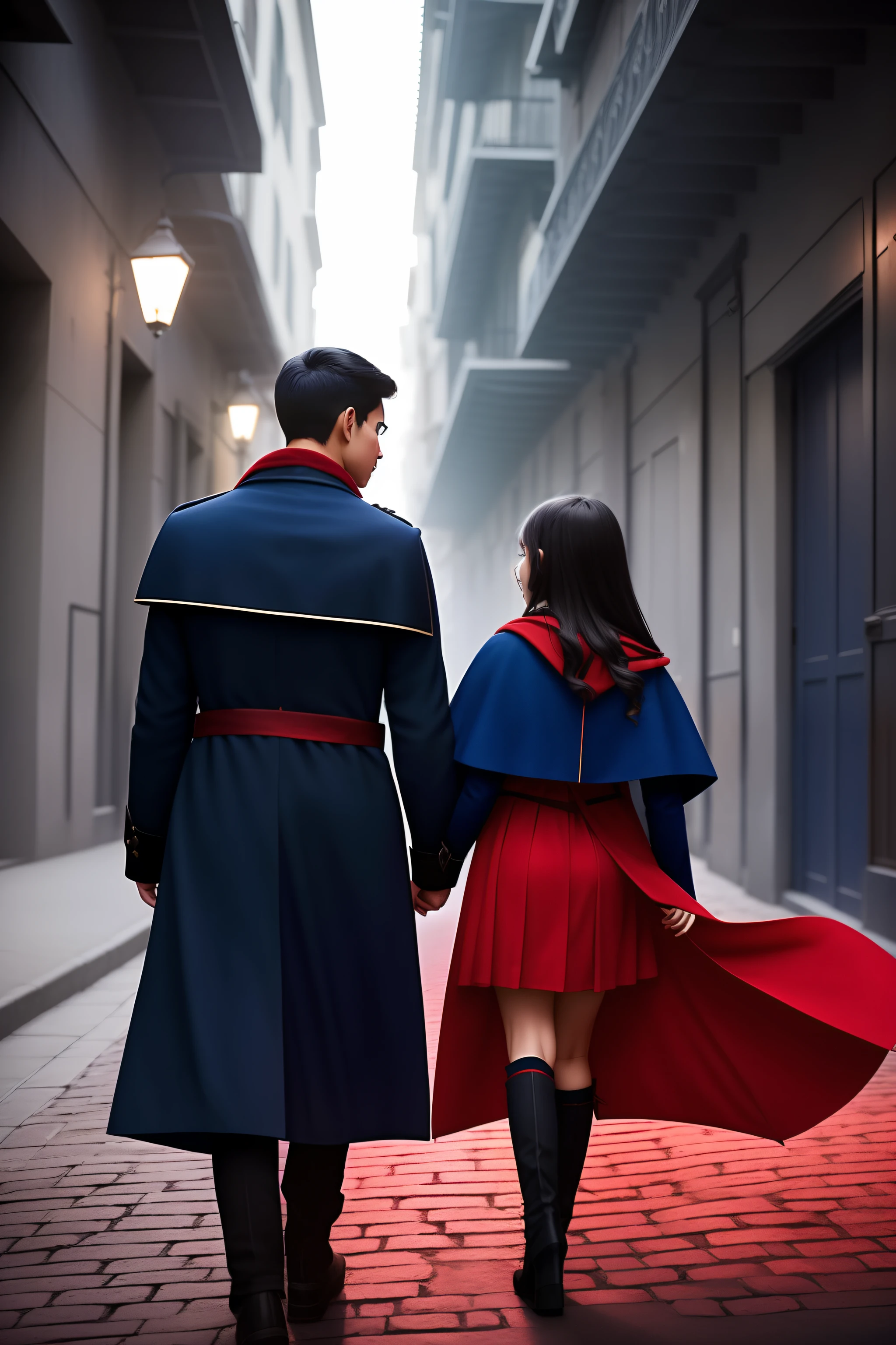 Um joven (21 anos) dressed in a dark blue overcoat holding a book and holding hands with a cute little girl in a red cape with a blood red sickle, caminhado a noite em um peco numa grande cidade, behind them is a body of dead thieves