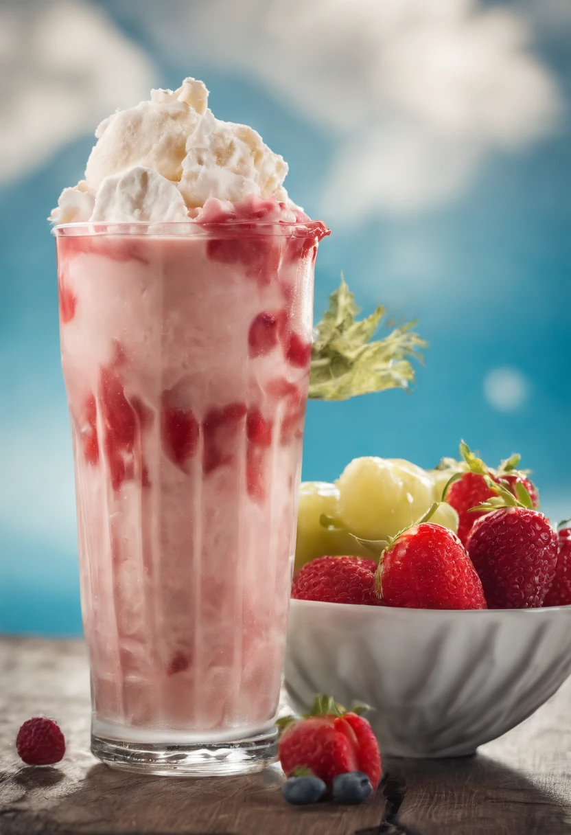 gogo，icecream，the fruits，ice cubes，Splashing water，with blue sky and white clouds