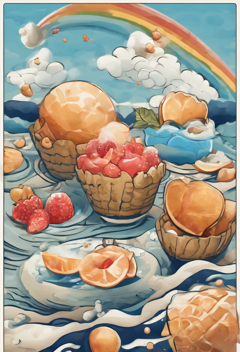 gogo,icecream,the fruits,ice cubes,Splashing water,with blue sky and white clouds