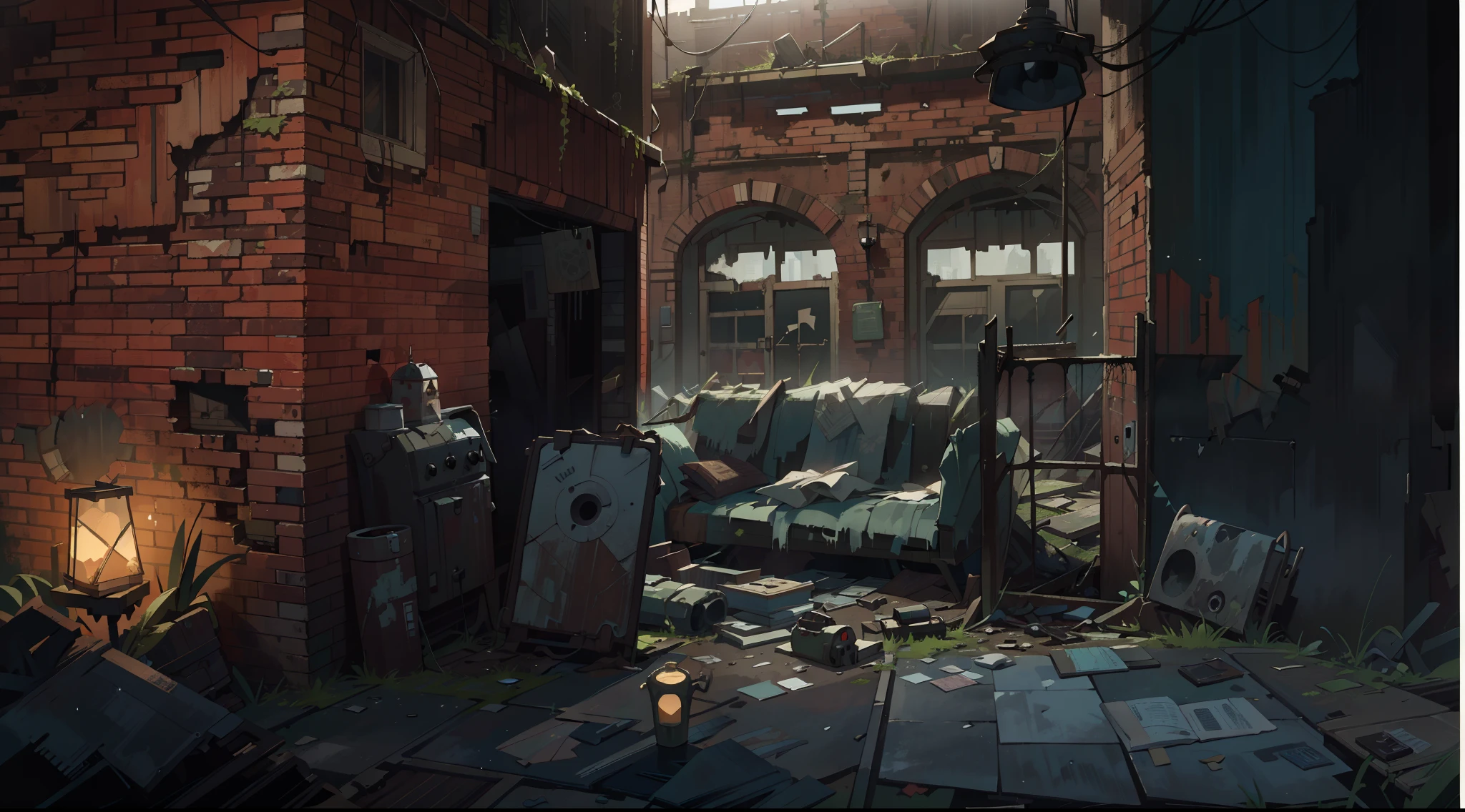 (an apocalyptic,desolate,ruined,abandoned) train station with (deteriorating,crumbling,cracked) railway track,(overgrown,weedy) plants,(collapsed,dilapidated) platforms,(broken,shattered) glass windows,(dark,ominous) atmosphere,(decay,decay:1.1),(post-apocalyptic,mysterious) lighting,(dramatic,eery) shadows, (rusty,corroding) metal structures,(forgotten,neglected) messages,twisted wreckage,(despair,desolate) mood, (distressed,distressed:1.1) paint, (weathered,battered) clocks, (windswept,windswept:1.1) debris, and (silhouettes,shadows,shadows:1.1) of (people,figures) wearing (tattered,rugged) clothing. (best quality,4k,8k,highres,masterpiece:1.2),ultra-detailed,(realistic,photorealistic,photo-realistic:1.37),post-apocalyptic,desolate scenery, (dramatic,contrasting) colors, (moody,gloomy:gloomy:1.1) color grading, and (battery-powered flickering lamps,flickering lamps).