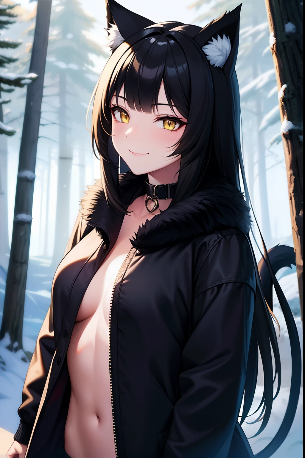 wallpapers, 4k, Anime style, Masterpiece, 1girl，cat ears, cat tail，Side bangs, Long hair, black hair，yellow pupils，Yellow eyes, catgirl, neko，B cup, smirking, Smiling, badass, snowing, woods, Coniferous trees, The Forest Behind, looking a viewer, A collar with a heart, warm clothes with fur, Happy, Playful, NSFW, fit, slim