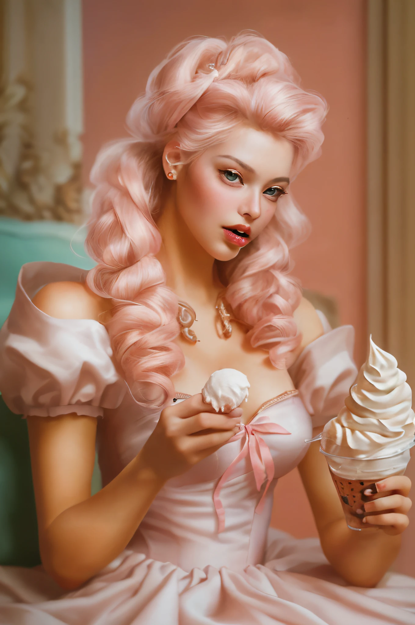 a pin up picture of Barbie as a dominatrix queen eating ice cream (best details, Masterpiece, best quality :1.5), ultra detailed face (best details, Masterpiece, best quality :1.5), ultra feminine (best details, Masterpiece, best quality :1.5), wearing latex pink mini dress, pink stockings, pink high heels, long braided hair, hair pulled back, blond hair, eating ice cream (ultra detailed, Masterpiece, best quality: 1.5), many flavors, whipped cream, chocolate syrup (ultra detailed, Masterpiece, best quality, fantasy art), modern bedroom background (best details, Masterpiece, best quality :1.5), ultra best realistic pictures , best details, best quality, 16k, [ultra detailed], masterpiece, best quality, (extremely detailed), ultra wide shot, photorealism, depth of field, hyper realistic painting