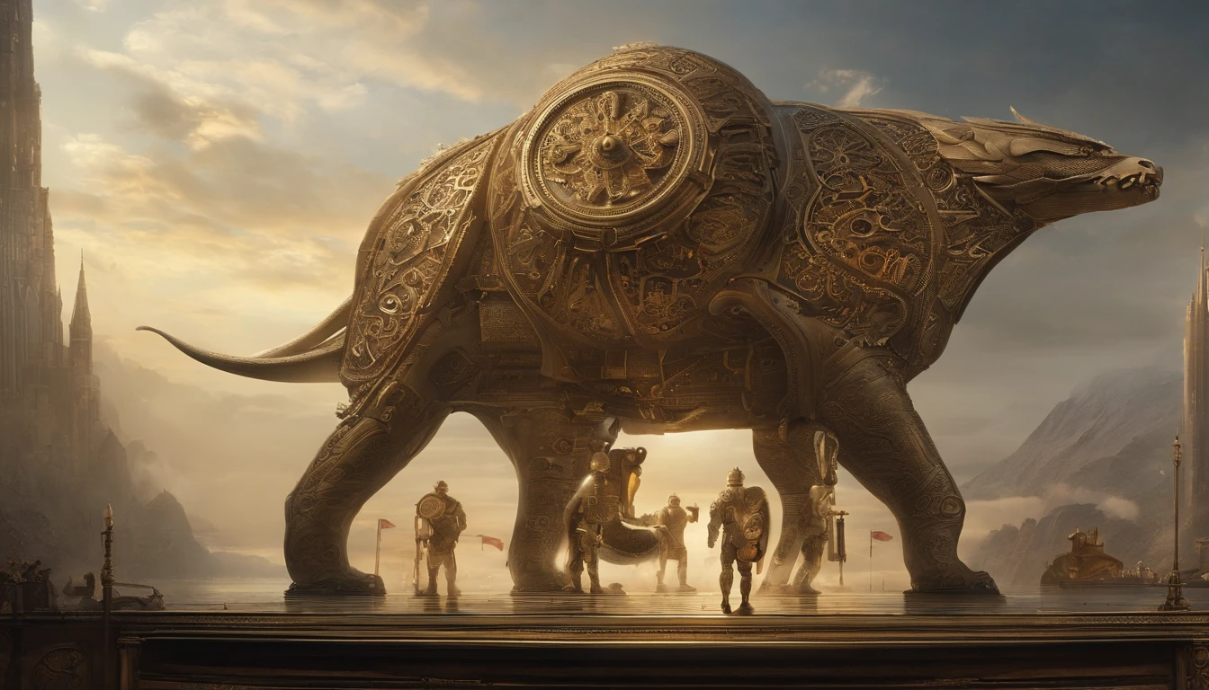 Stuart Lippincott style，God Online，in awe，Light，The sacred world，Huge futuristic statue floating around，Skysky，Awe-inspiring and peaceful，Detailed composition，Subtle geometric elements，refuge，Fresh and soft atmosphere，amber hues，Huge statue surrounded by villains，Fluid，Powerful，Small size，Yuri Shudov style，Philip McKay style，Works of masters，超詳細，HighestQuali，8K