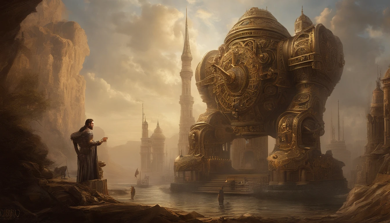 Stuart Lippincott style，God Online，in awe，Light，The sacred world，Huge futuristic statue floating around，Skysky，Awe-inspiring and peaceful，Detailed composition，Subtle geometric elements，refuge，Fresh and soft atmosphere，amber hues，Huge statue surrounded by villains，Fluid，Powerful，Small size，Yuri Shudov style，Philip McKay style，Works of masters，超詳細，HighestQuali，8K