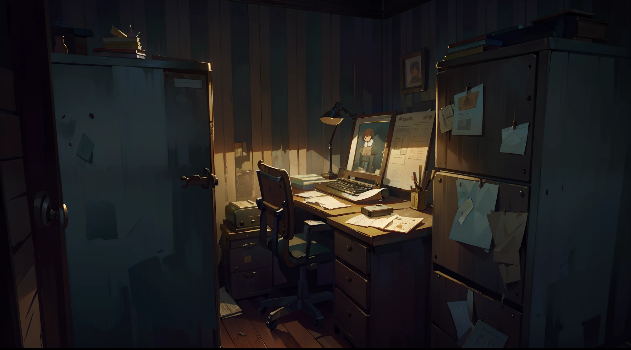 An old office, vintage furniture, dusty atmosphere, antique typewriter, creaking wooden floors, dimly lit room, worn-out leather chair, piles of papers, abandoned telephone, rusted filing cabinet, flickering desk lamp, faded wallpaper, cracked window pane, yellowed documents, scattered ink stains, aged desk calendar, forgotten coffee cup, musty smell, nostalgic ambiance, sepia tones, soft ambient lighting, shadows dancing on the walls. (best quality,4k,8k,highres,masterpiece:1.2), ultra-detailed, (realistic,photorealistic,photo-realistic:1.37), vintage style, vintage colors, subtle warm lighting.
